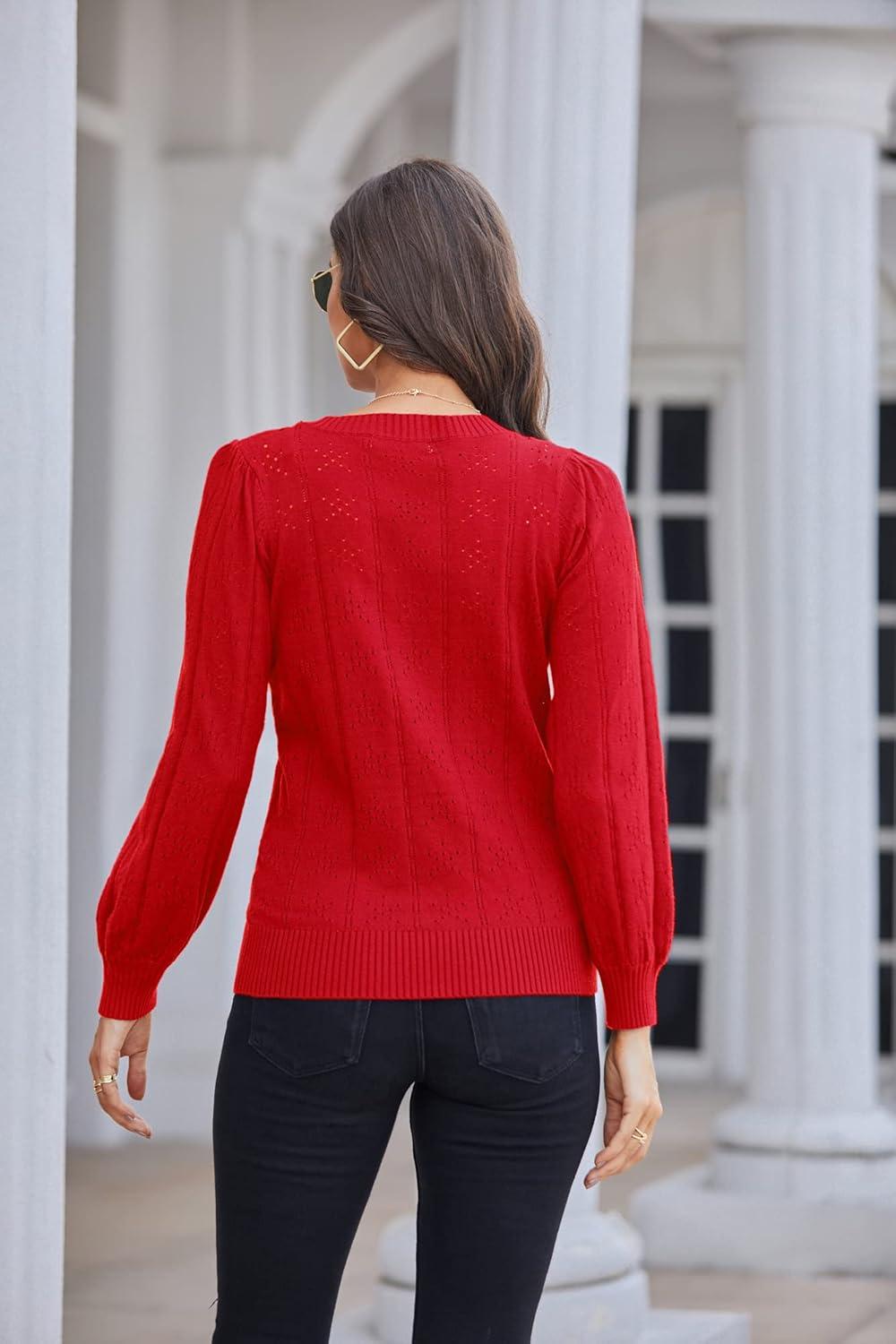 imageGRACE KARIN Womens Long Lantern Sleeve Crew Neck Crochet Top Hollow Out Fall Pullover SweaterCl0834 Red Long Sleeve