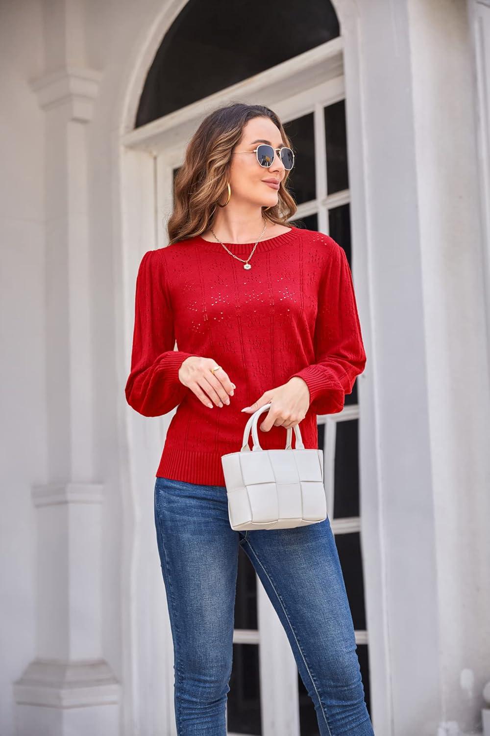 imageGRACE KARIN Womens Long Lantern Sleeve Crew Neck Crochet Top Hollow Out Fall Pullover SweaterCl0834 Red Long Sleeve