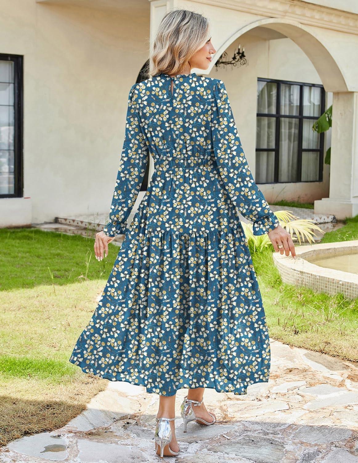imageGRACE KARIN Womens Long Sleeve Maxi Dress 2026 Chiffon Flowy Wedding Guest Dresses Floral Dress with PocketsBlue Green and Yellow Floral
