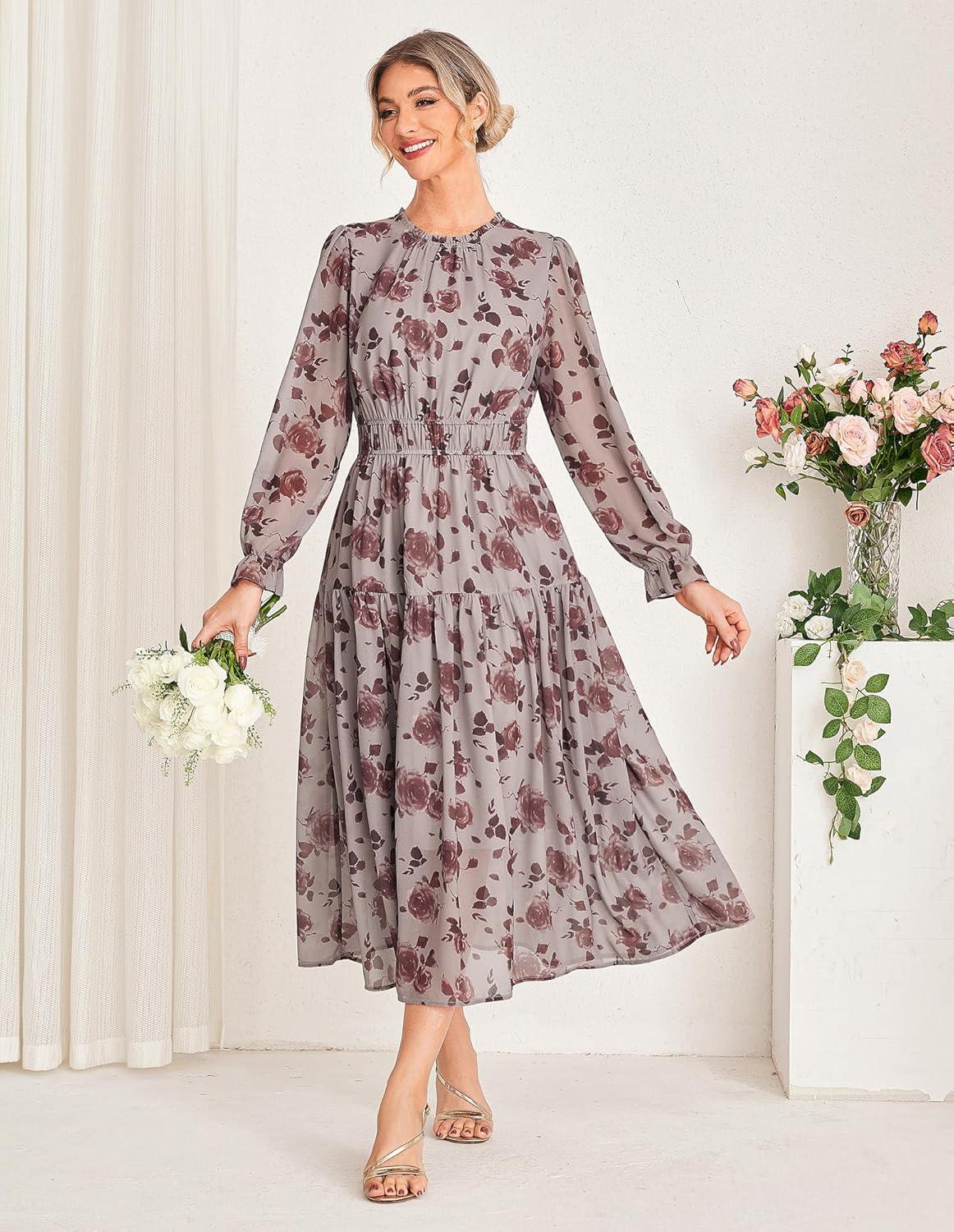 imageGRACE KARIN Womens Long Sleeve Maxi Dress 2026 Chiffon Flowy Wedding Guest Dresses Floral Dress with PocketsDark Khaki and Flower