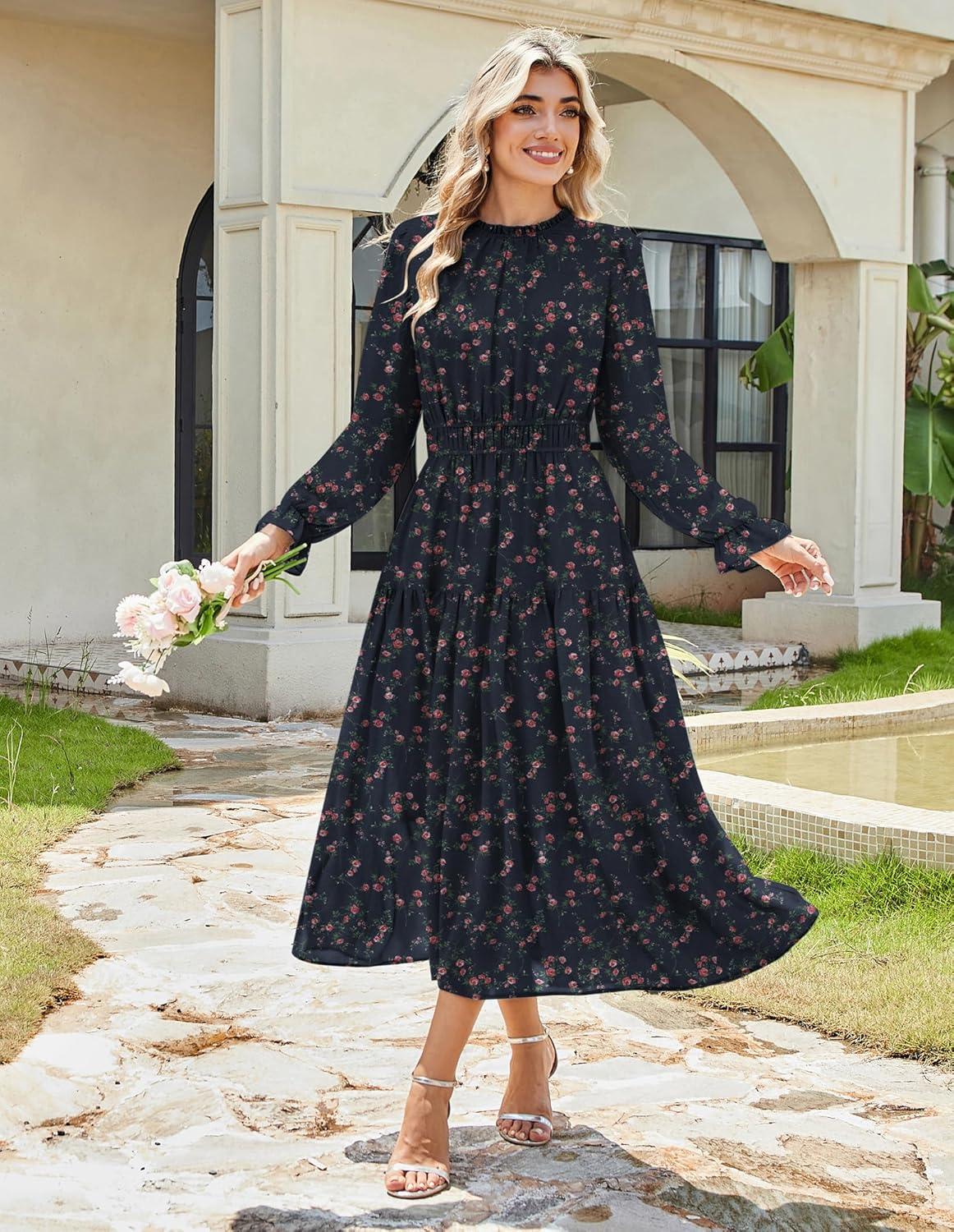 imageGRACE KARIN Womens Long Sleeve Maxi Dress 2026 Chiffon Flowy Wedding Guest Dresses Floral Dress with PocketsNavy Blue Rose Floral