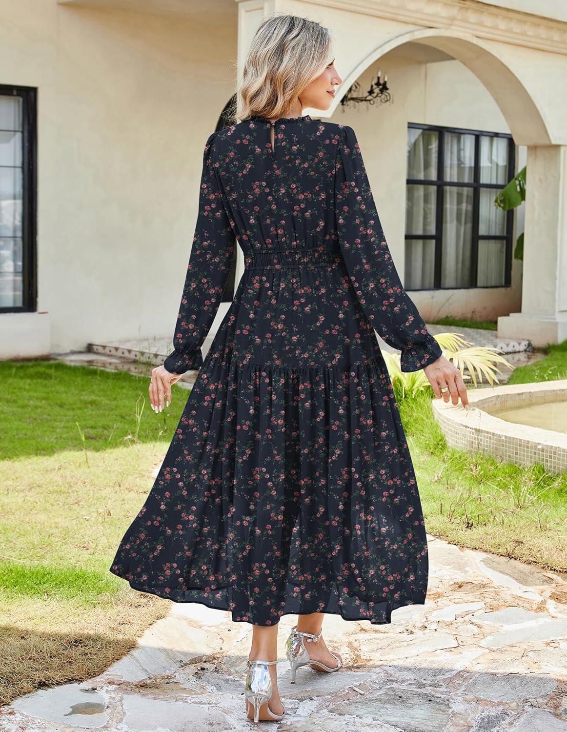 imageGRACE KARIN Womens Long Sleeve Maxi Dress 2026 Chiffon Flowy Wedding Guest Dresses Floral Dress with PocketsNavy Blue Rose Floral