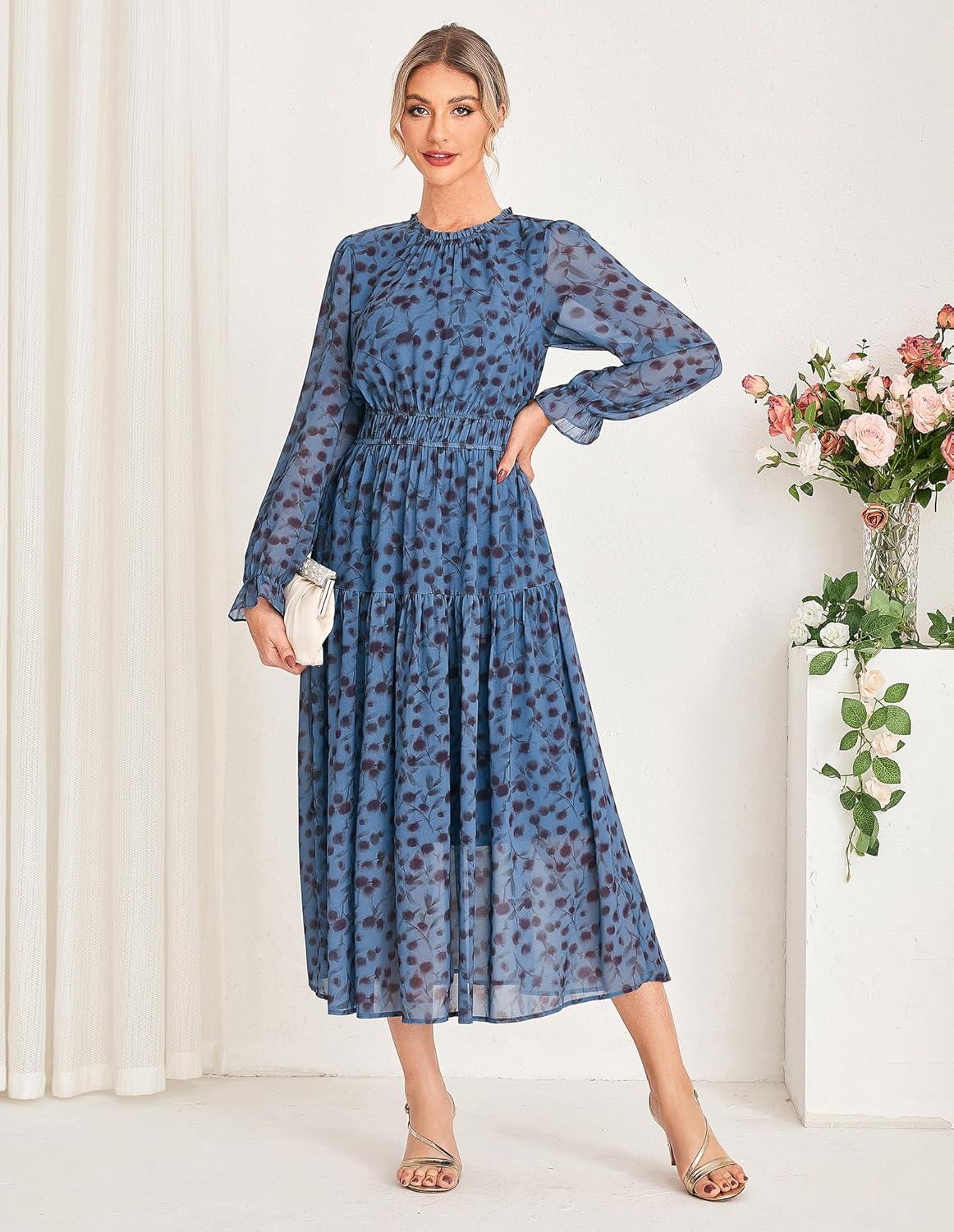 imageGRACE KARIN Womens Long Sleeve Maxi Dress 2026 Chiffon Flowy Wedding Guest Dresses Floral Dress with PocketsPeacock Blue and Floral