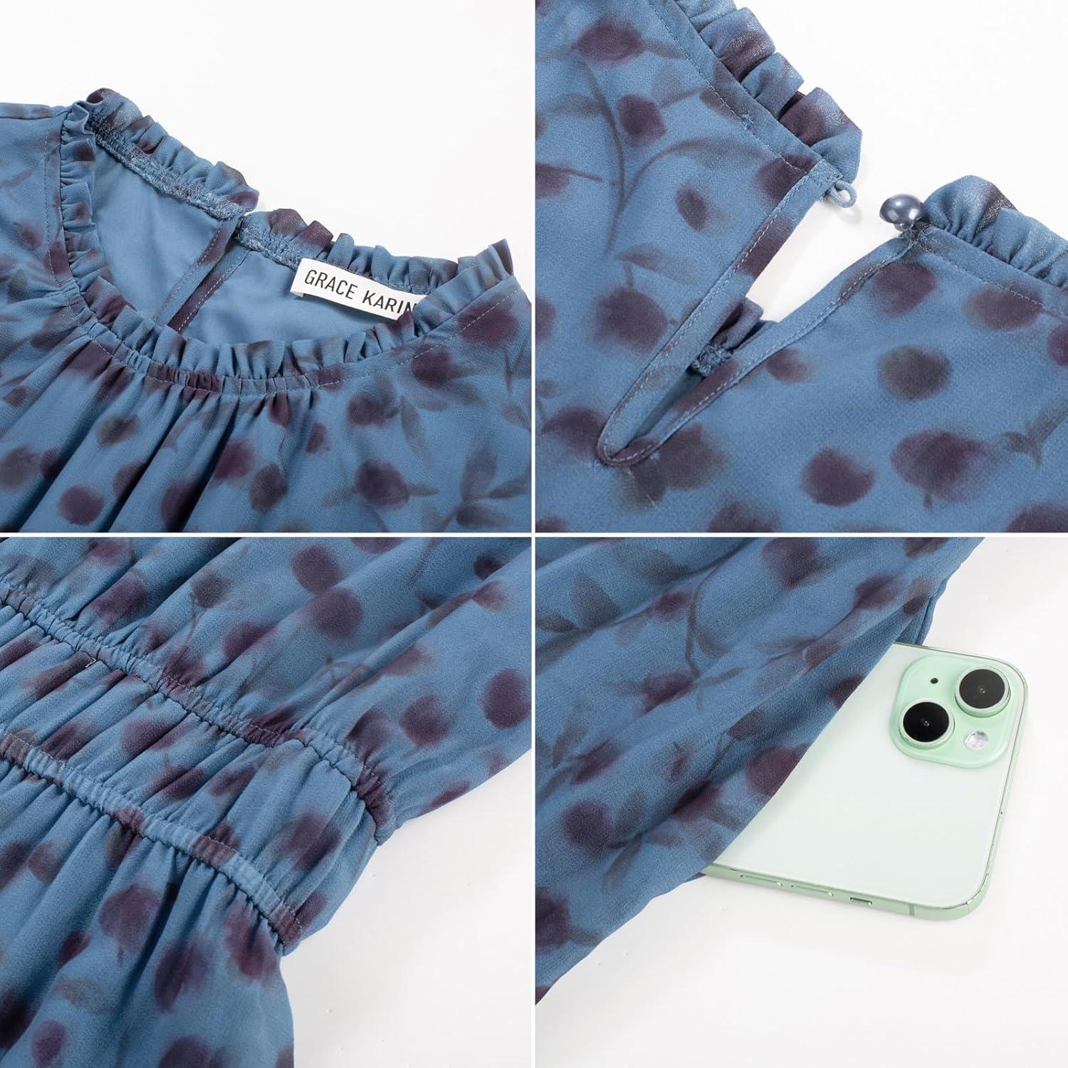 imageGRACE KARIN Womens Long Sleeve Maxi Dress 2026 Chiffon Flowy Wedding Guest Dresses Floral Dress with PocketsPeacock Blue and Floral