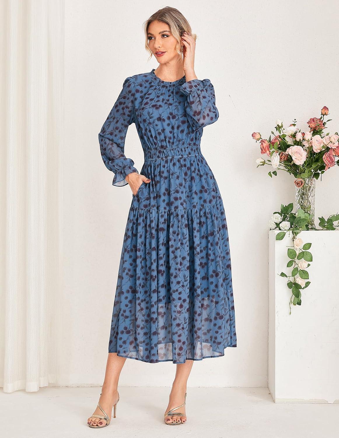 imageGRACE KARIN Womens Long Sleeve Maxi Dress 2026 Chiffon Flowy Wedding Guest Dresses Floral Dress with PocketsPeacock Blue and Floral
