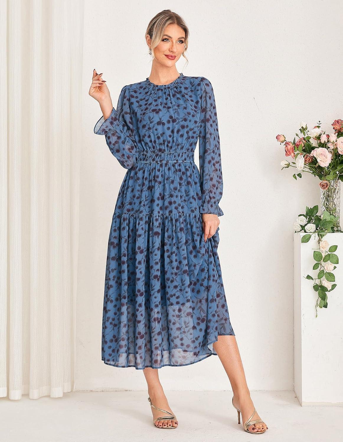 imageGRACE KARIN Womens Long Sleeve Maxi Dress 2026 Chiffon Flowy Wedding Guest Dresses Floral Dress with PocketsPeacock Blue and Floral
