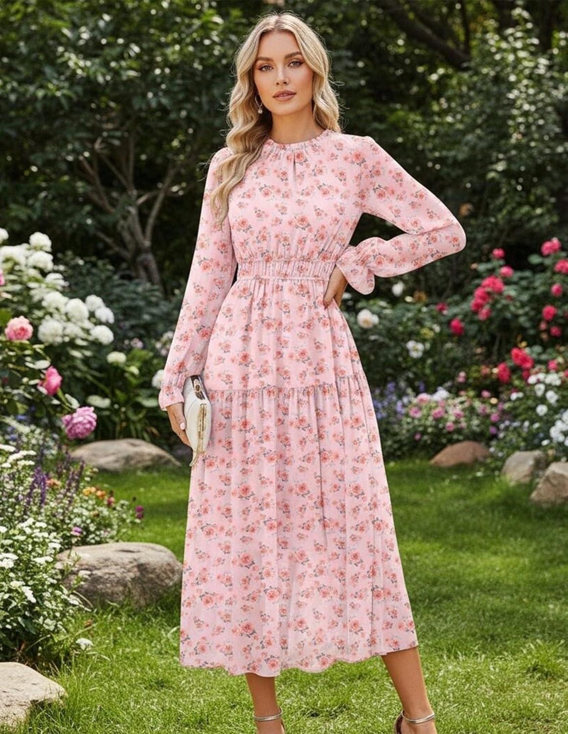 imageGRACE KARIN Womens Long Sleeve Maxi Dress 2026 Chiffon Flowy Wedding Guest Dresses Floral Dress with PocketsPink Floral