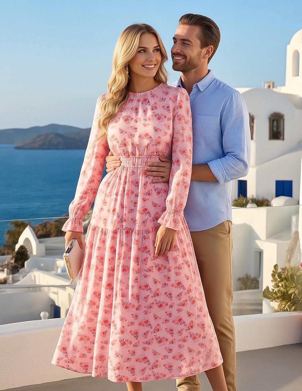imageGRACE KARIN Womens Long Sleeve Maxi Dress 2026 Chiffon Flowy Wedding Guest Dresses Floral Dress with PocketsPink Floral