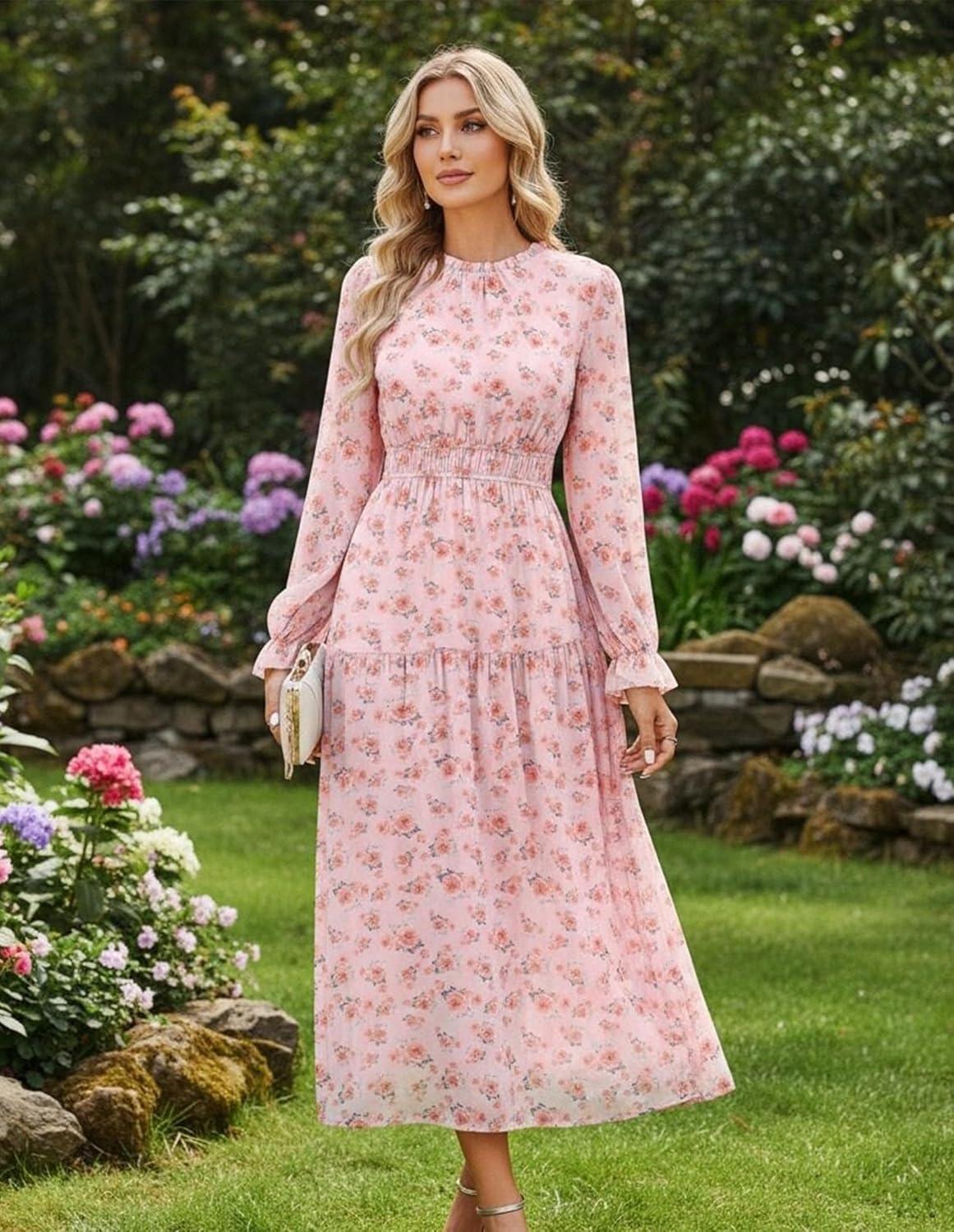 imageGRACE KARIN Womens Long Sleeve Maxi Dress 2026 Chiffon Flowy Wedding Guest Dresses Floral Dress with PocketsPink Floral