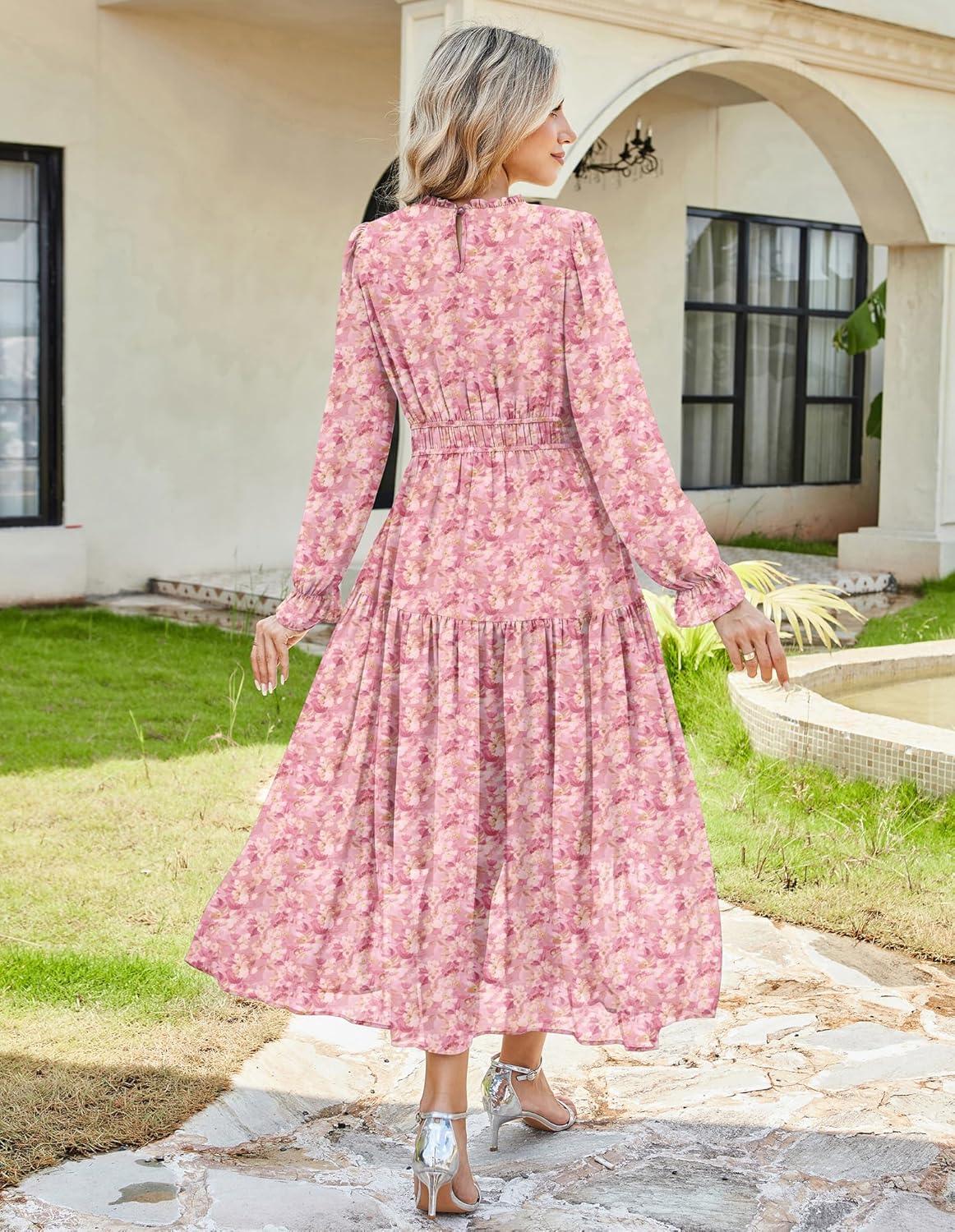 imageGRACE KARIN Womens Long Sleeve Maxi Dress 2026 Chiffon Flowy Wedding Guest Dresses Floral Dress with PocketsPink and Yellow White Floral