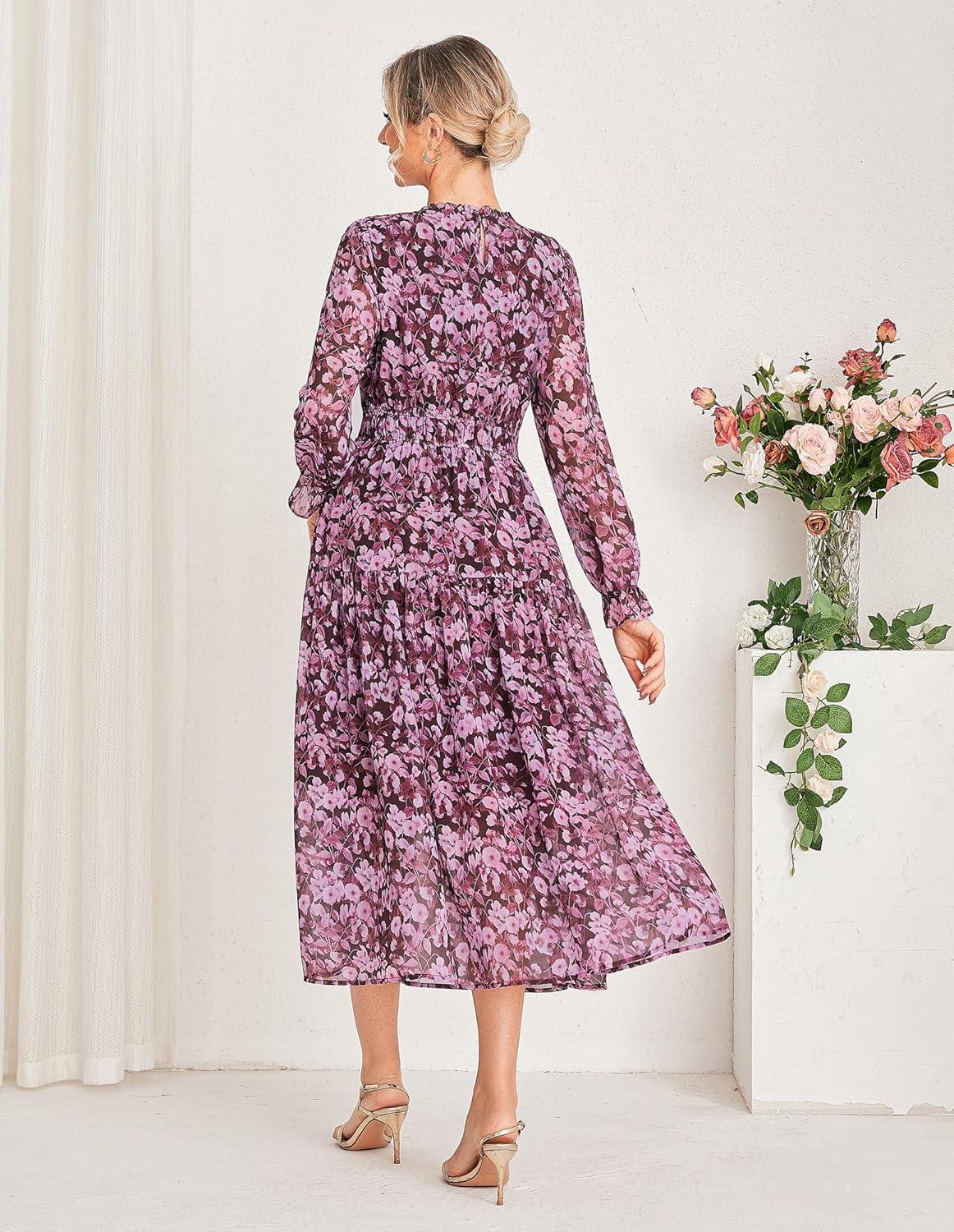 imageGRACE KARIN Womens Long Sleeve Maxi Dress 2026 Chiffon Flowy Wedding Guest Dresses Floral Dress with PocketsPurple Floral