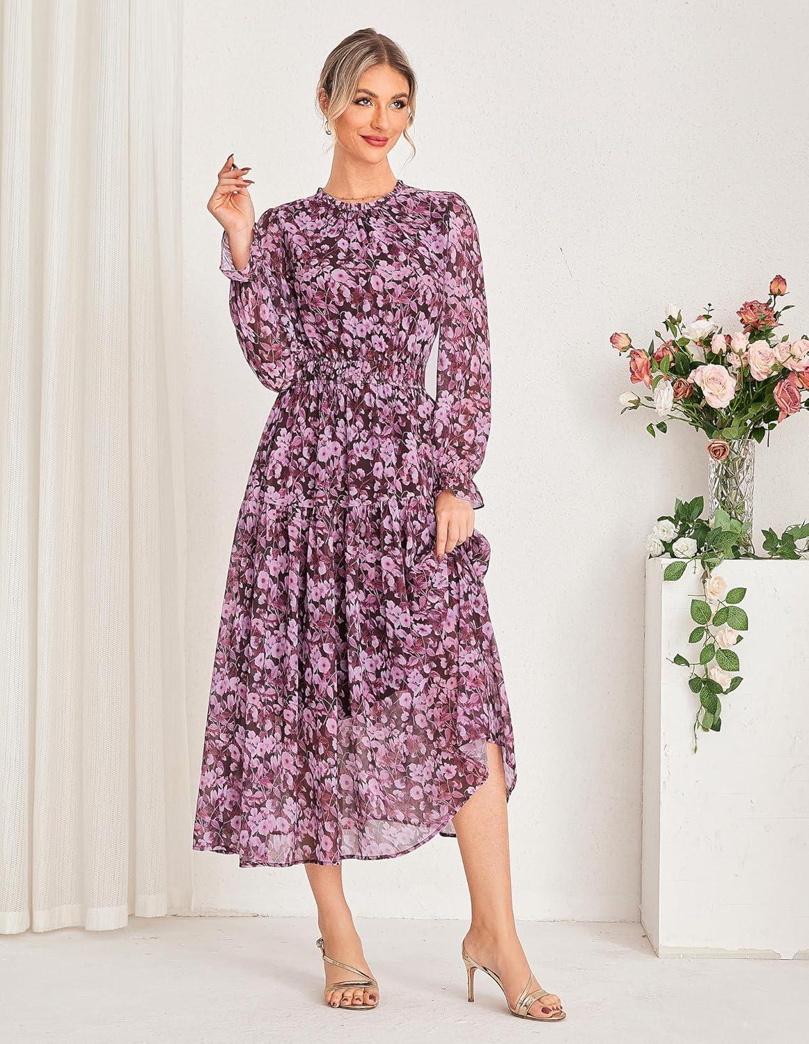 imageGRACE KARIN Womens Long Sleeve Maxi Dress 2026 Chiffon Flowy Wedding Guest Dresses Floral Dress with PocketsPurple Floral