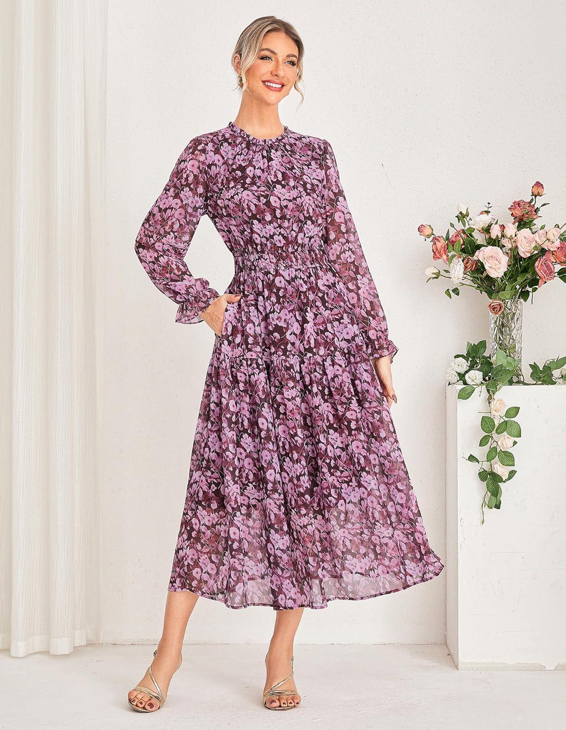 imageGRACE KARIN Womens Long Sleeve Maxi Dress 2026 Chiffon Flowy Wedding Guest Dresses Floral Dress with PocketsPurple Floral