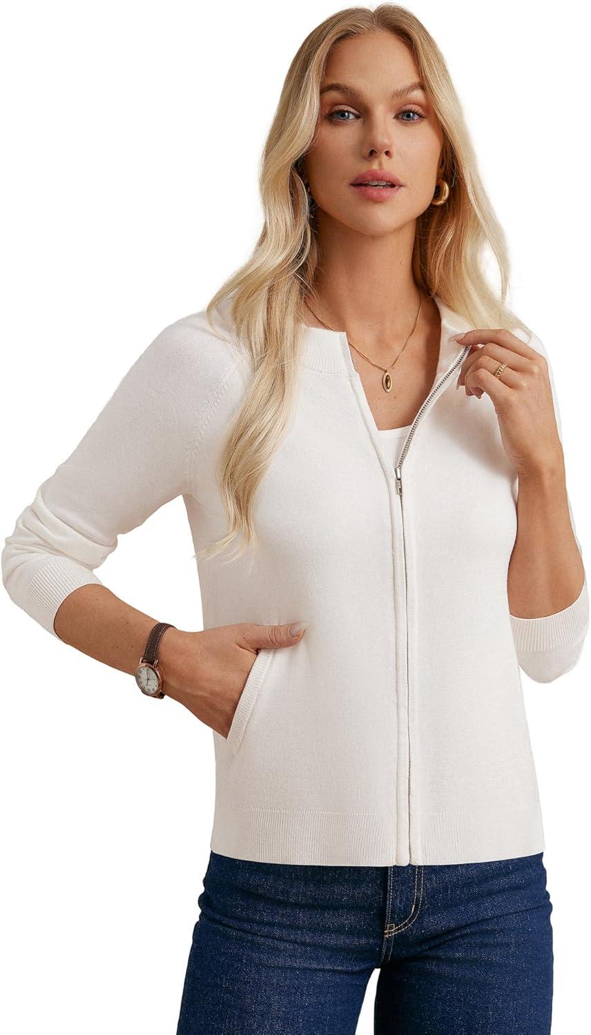 imageGRACE KARIN Womens Long Sleeve Zip Up Cardigan Sweaters Lightweight Fashion Sweater Jacket Knitted Spring ClothesIvory White