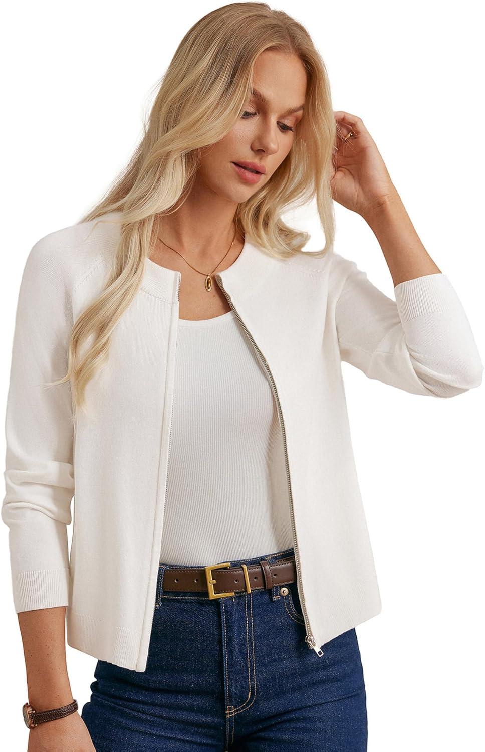 imageGRACE KARIN Womens Long Sleeve Zip Up Cardigan Sweaters Lightweight Fashion Sweater Jacket Knitted Spring ClothesIvory White