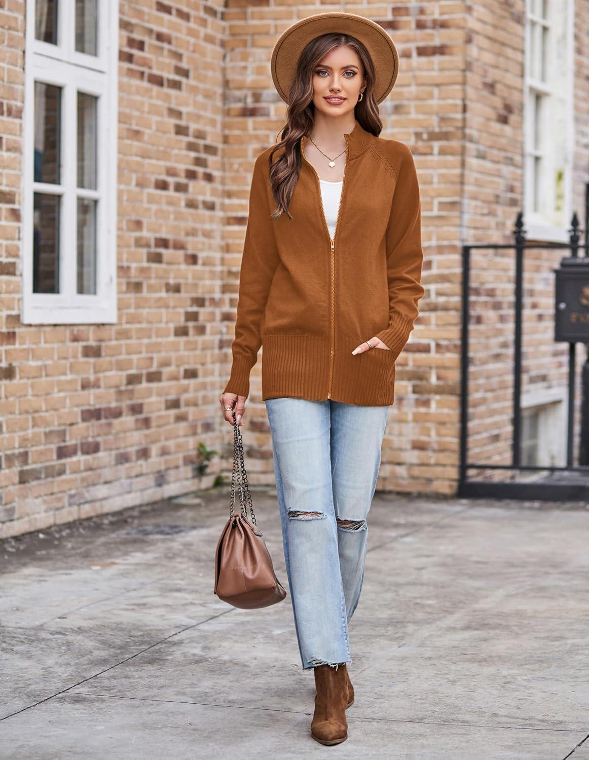 imageGRACE KARIN Womens Long Sleeve Zip Up Knit Cardigan with Pockets Stand Collar Full Zip Sweater Coats Trendy Fall JacketsCaramel