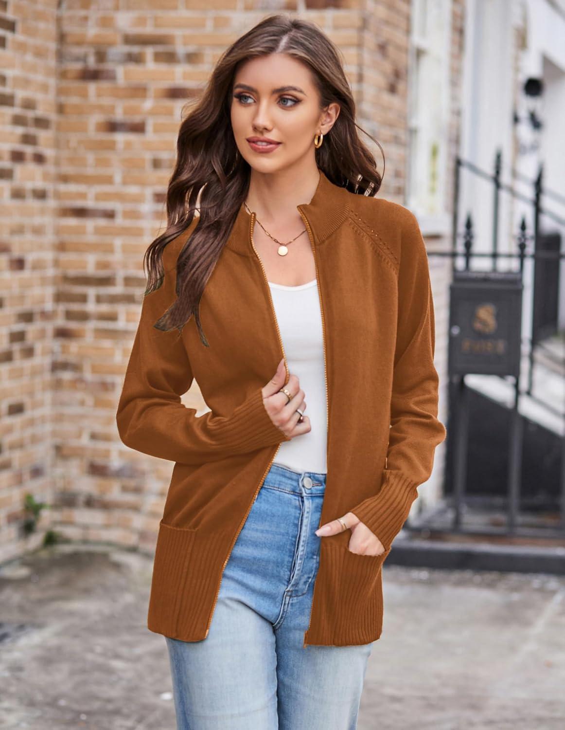 imageGRACE KARIN Womens Long Sleeve Zip Up Knit Cardigan with Pockets Stand Collar Full Zip Sweater Coats Trendy Fall JacketsCaramel