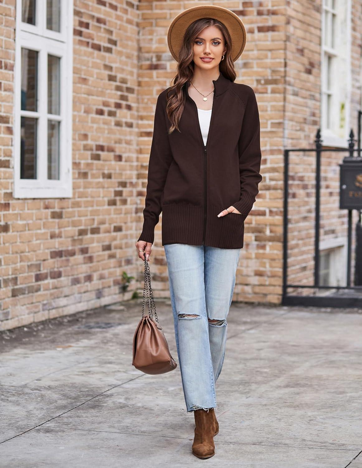 imageGRACE KARIN Womens Long Sleeve Zip Up Knit Cardigan with Pockets Stand Collar Full Zip Sweater Coats Trendy Fall JacketsChocolate Brown