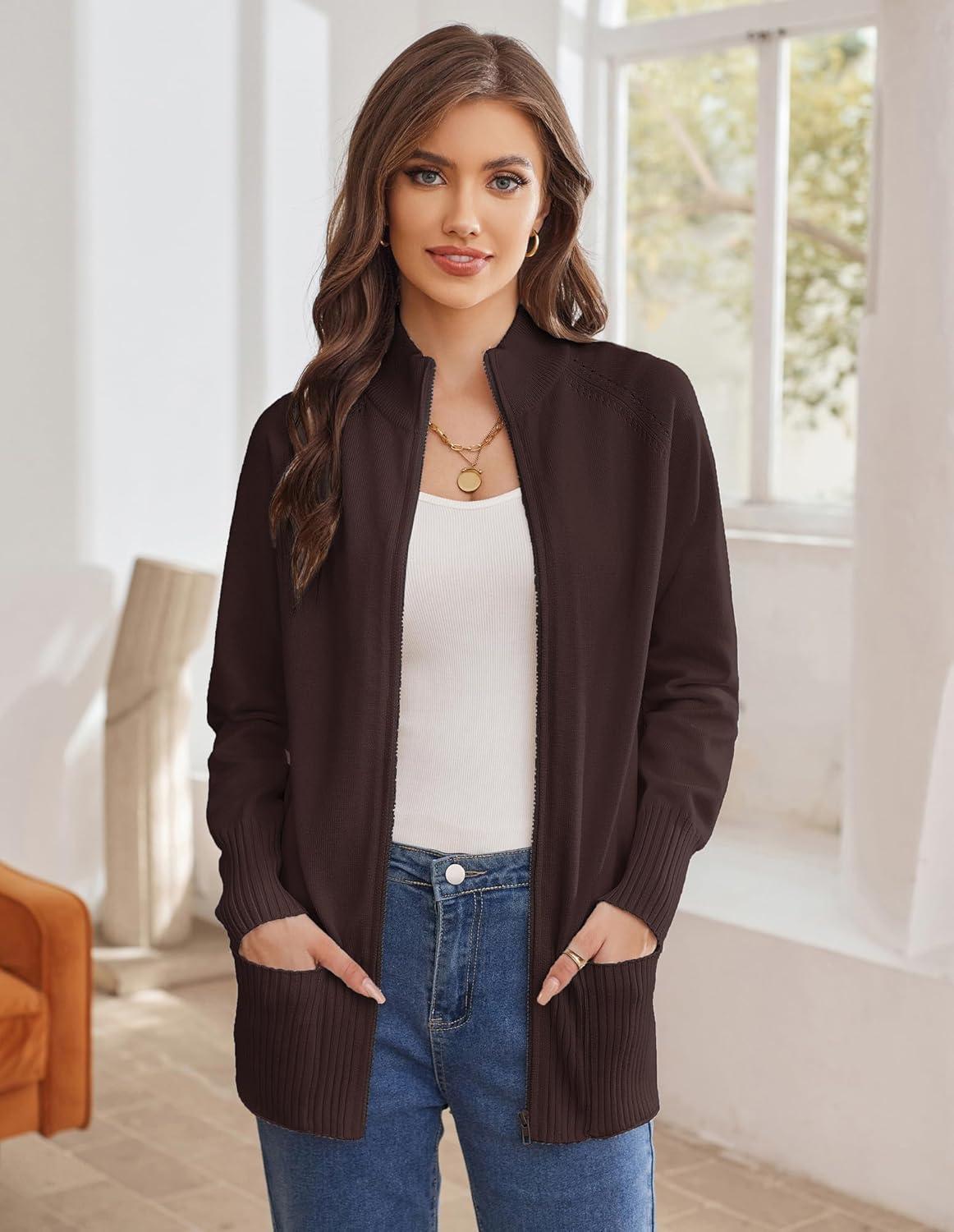 imageGRACE KARIN Womens Long Sleeve Zip Up Knit Cardigan with Pockets Stand Collar Full Zip Sweater Coats Trendy Fall JacketsChocolate Brown