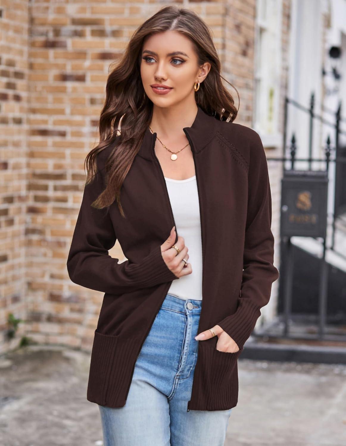 imageGRACE KARIN Womens Long Sleeve Zip Up Knit Cardigan with Pockets Stand Collar Full Zip Sweater Coats Trendy Fall JacketsChocolate Brown