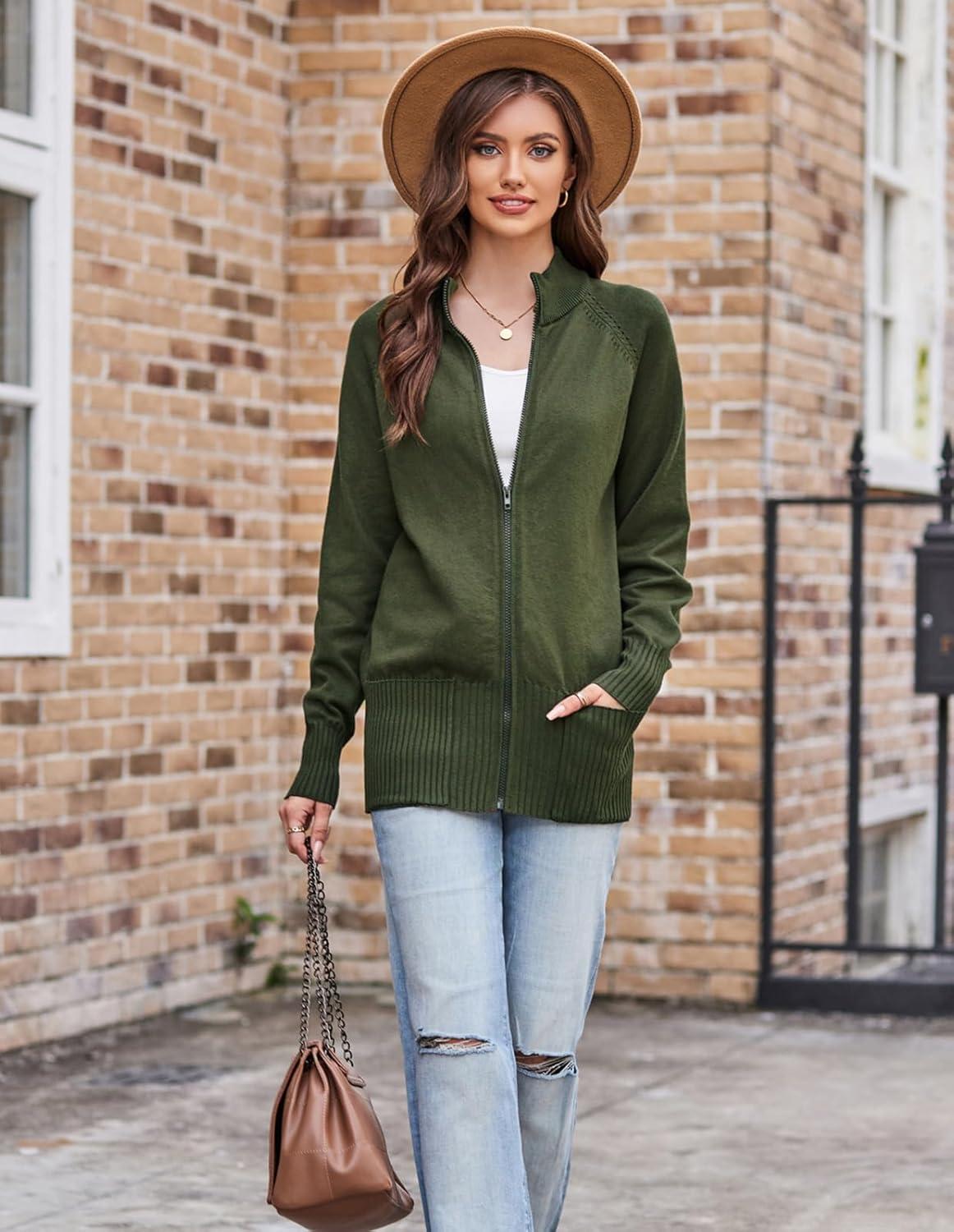 imageGRACE KARIN Womens Long Sleeve Zip Up Knit Cardigan with Pockets Stand Collar Full Zip Sweater Coats Trendy Fall JacketsDark Army Green