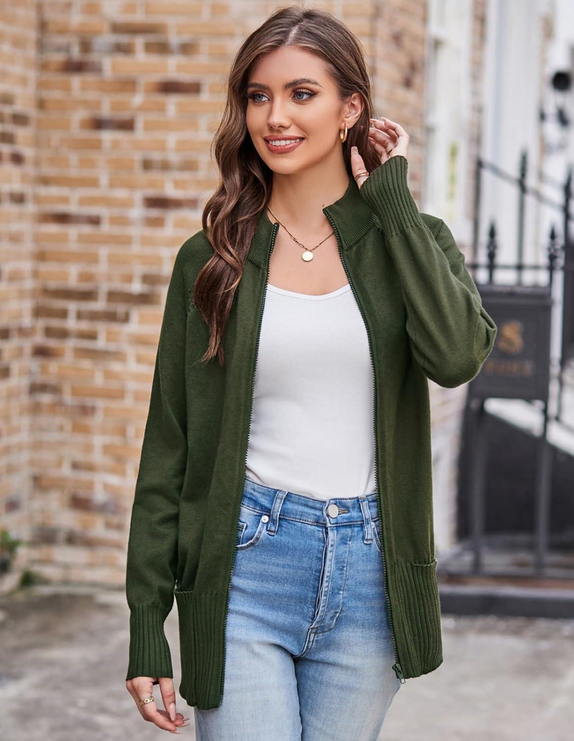 imageGRACE KARIN Womens Long Sleeve Zip Up Knit Cardigan with Pockets Stand Collar Full Zip Sweater Coats Trendy Fall JacketsDark Army Green