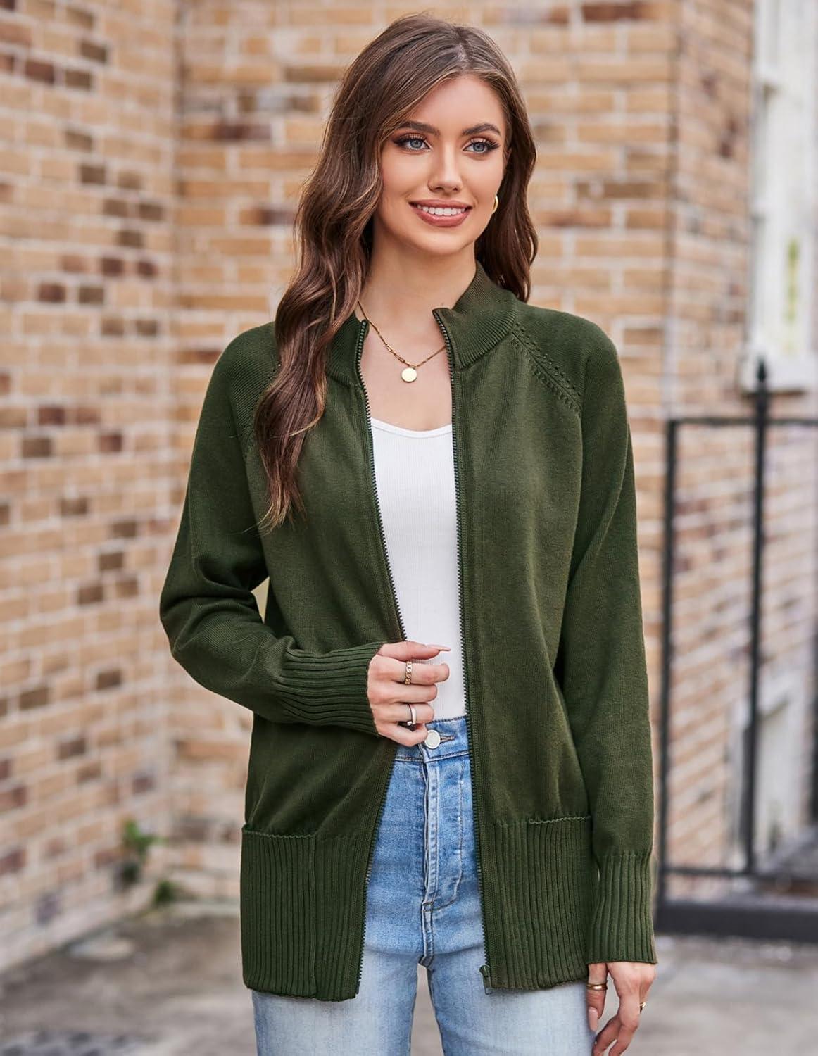 imageGRACE KARIN Womens Long Sleeve Zip Up Knit Cardigan with Pockets Stand Collar Full Zip Sweater Coats Trendy Fall JacketsDark Army Green