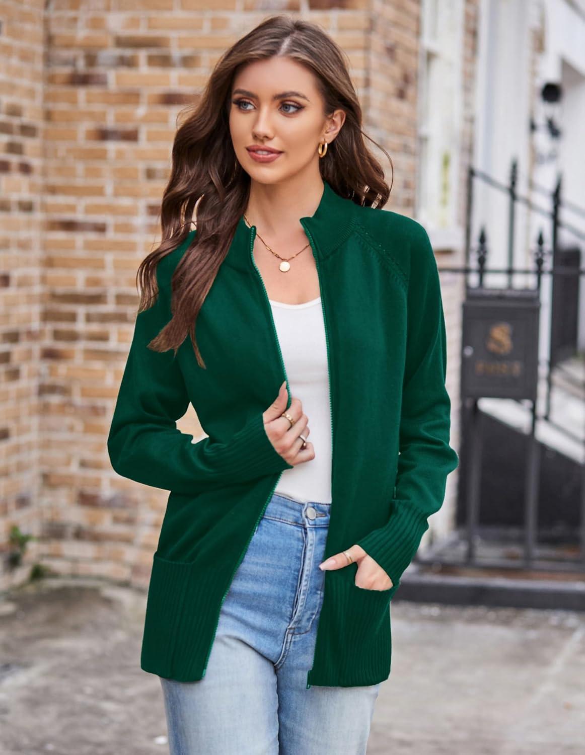imageGRACE KARIN Womens Long Sleeve Zip Up Knit Cardigan with Pockets Stand Collar Full Zip Sweater Coats Trendy Fall JacketsDark Green