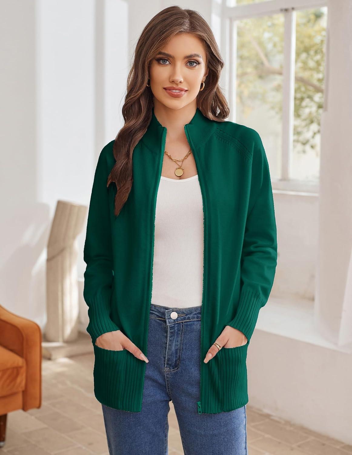 imageGRACE KARIN Womens Long Sleeve Zip Up Knit Cardigan with Pockets Stand Collar Full Zip Sweater Coats Trendy Fall JacketsDark Green