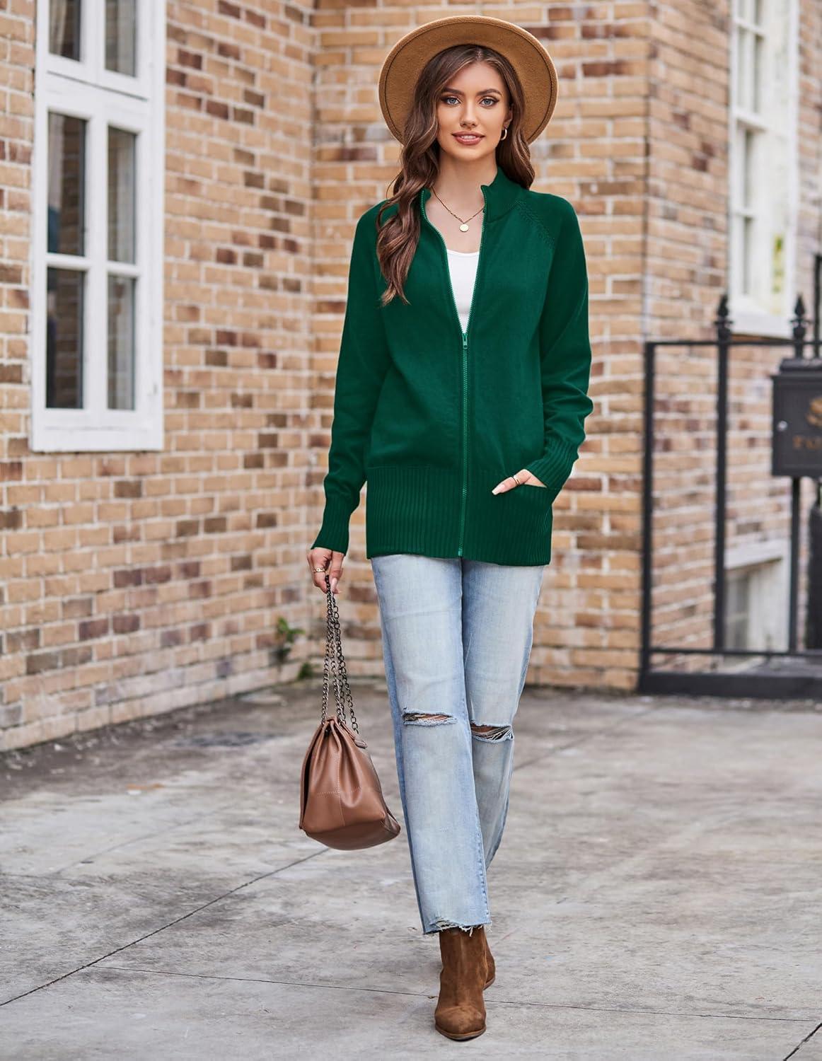 imageGRACE KARIN Womens Long Sleeve Zip Up Knit Cardigan with Pockets Stand Collar Full Zip Sweater Coats Trendy Fall JacketsDark Green