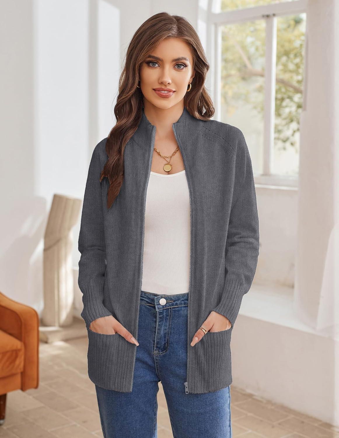 imageGRACE KARIN Womens Long Sleeve Zip Up Knit Cardigan with Pockets Stand Collar Full Zip Sweater Coats Trendy Fall JacketsDeep Heather Grey