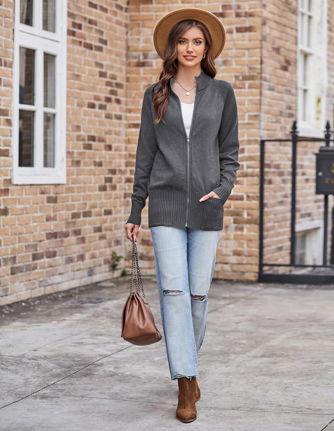 imageGRACE KARIN Womens Long Sleeve Zip Up Knit Cardigan with Pockets Stand Collar Full Zip Sweater Coats Trendy Fall JacketsDeep Heather Grey
