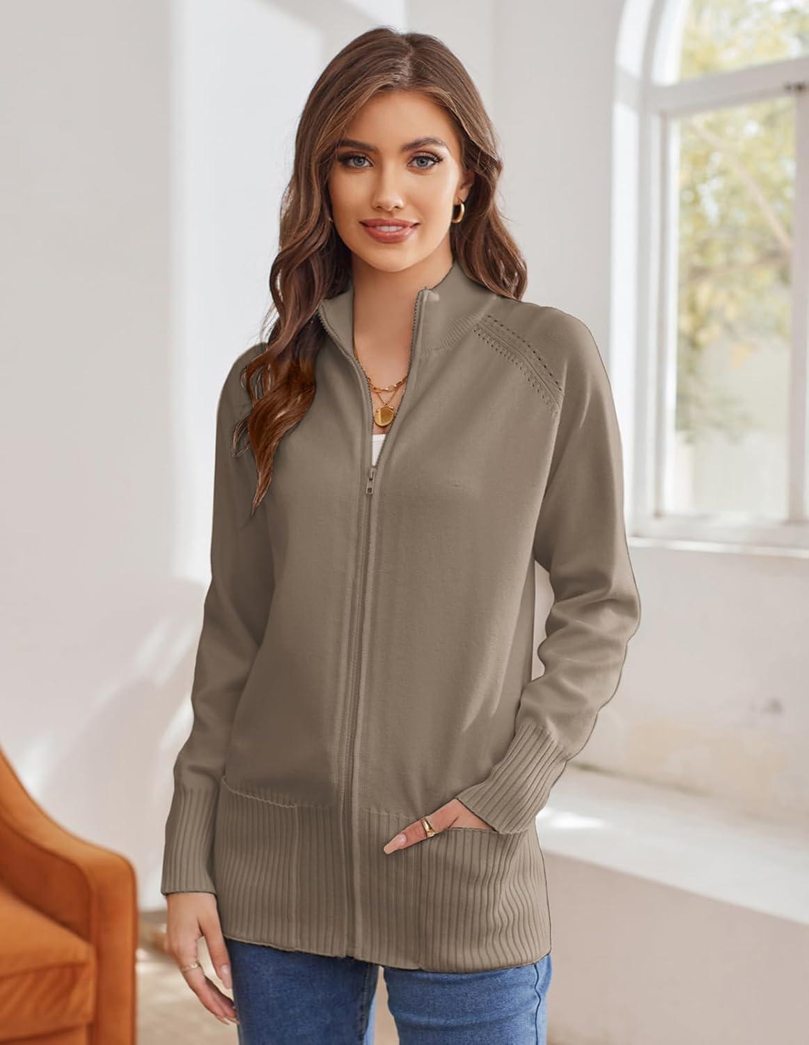imageGRACE KARIN Womens Long Sleeve Zip Up Knit Cardigan with Pockets Stand Collar Full Zip Sweater Coats Trendy Fall JacketsDeep Khaki