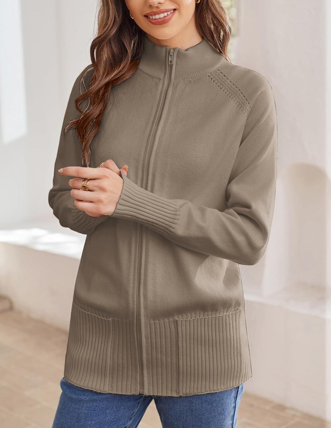 imageGRACE KARIN Womens Long Sleeve Zip Up Knit Cardigan with Pockets Stand Collar Full Zip Sweater Coats Trendy Fall JacketsDeep Khaki