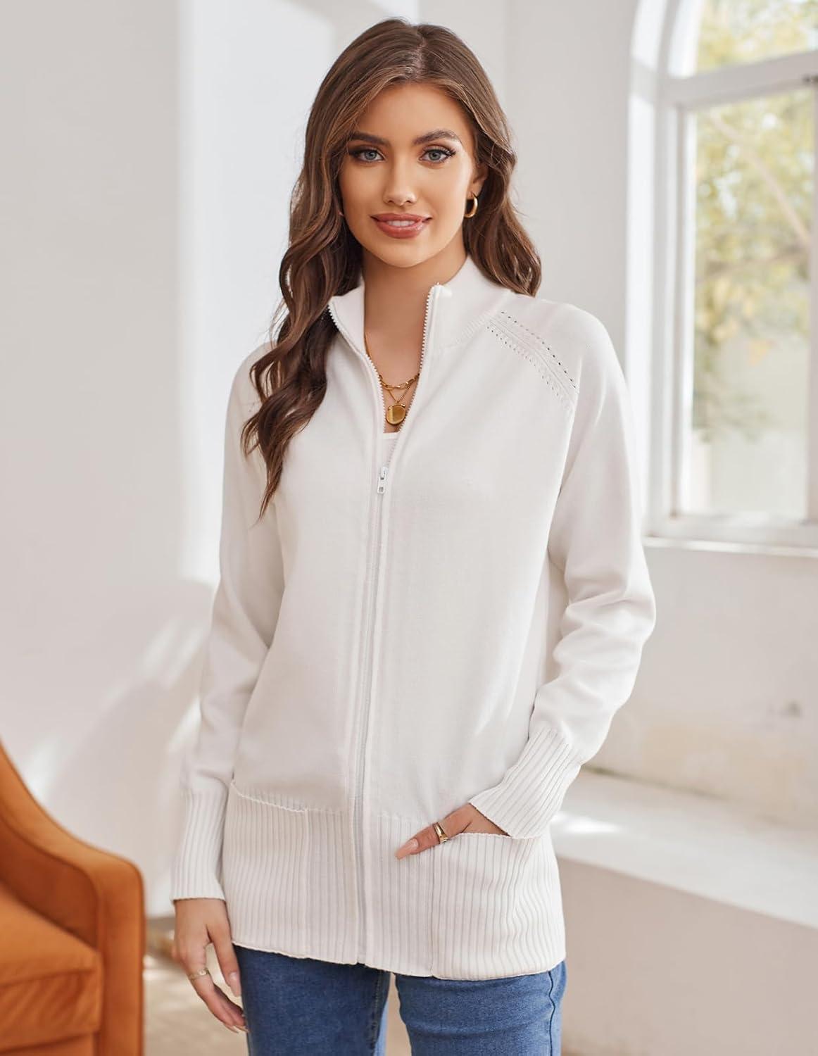 imageGRACE KARIN Womens Long Sleeve Zip Up Knit Cardigan with Pockets Stand Collar Full Zip Sweater Coats Trendy Fall JacketsIvory White