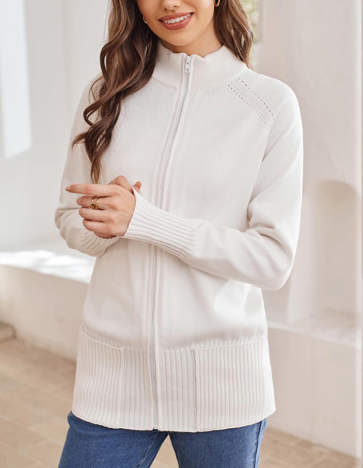 imageGRACE KARIN Womens Long Sleeve Zip Up Knit Cardigan with Pockets Stand Collar Full Zip Sweater Coats Trendy Fall JacketsIvory White