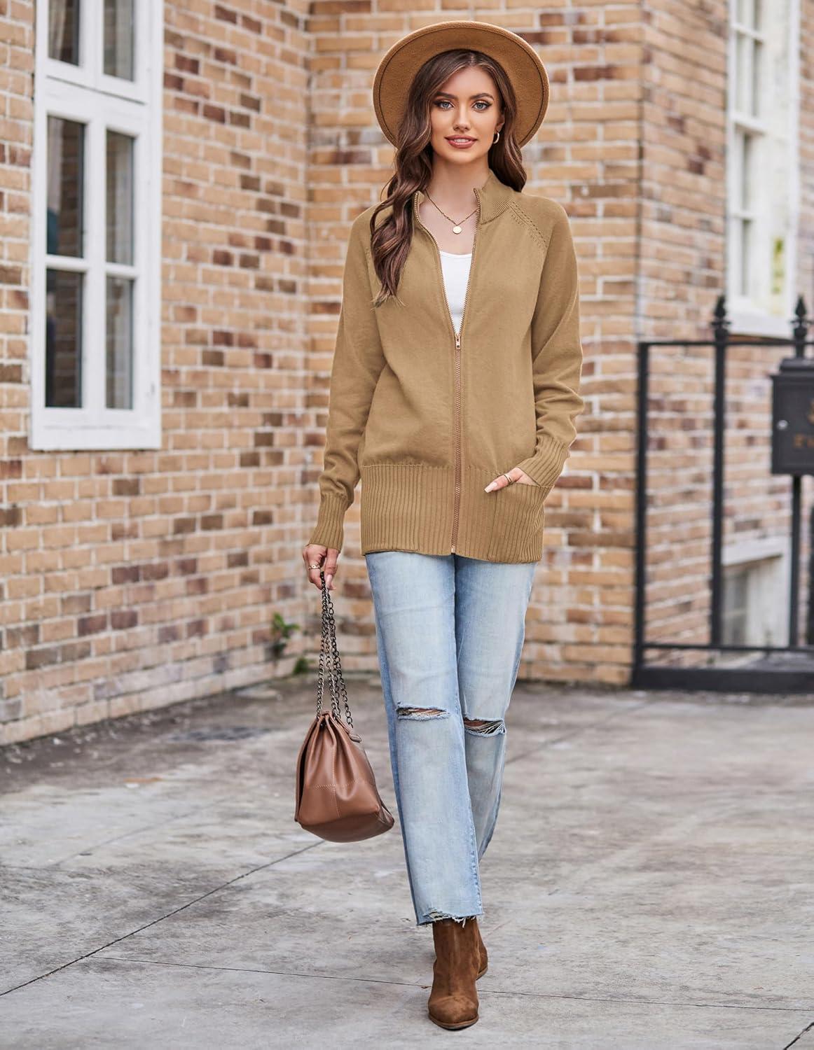 imageGRACE KARIN Womens Long Sleeve Zip Up Knit Cardigan with Pockets Stand Collar Full Zip Sweater Coats Trendy Fall JacketsKhaki