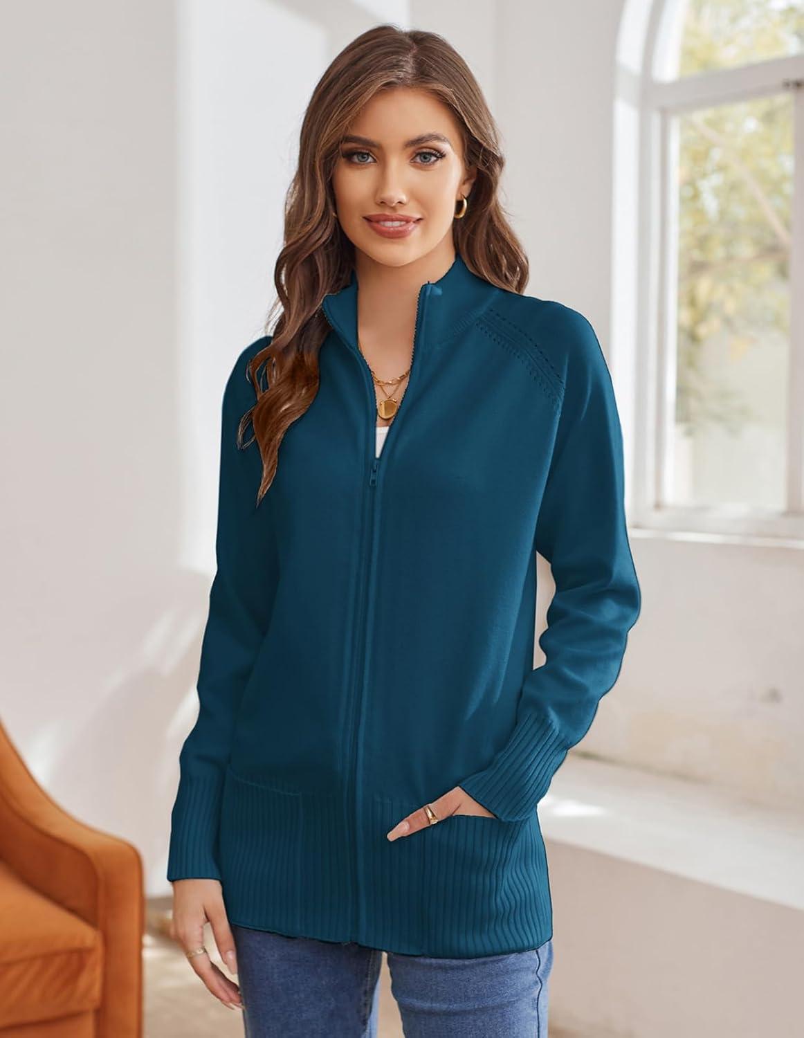 imageGRACE KARIN Womens Long Sleeve Zip Up Knit Cardigan with Pockets Stand Collar Full Zip Sweater Coats Trendy Fall JacketsLake Blue