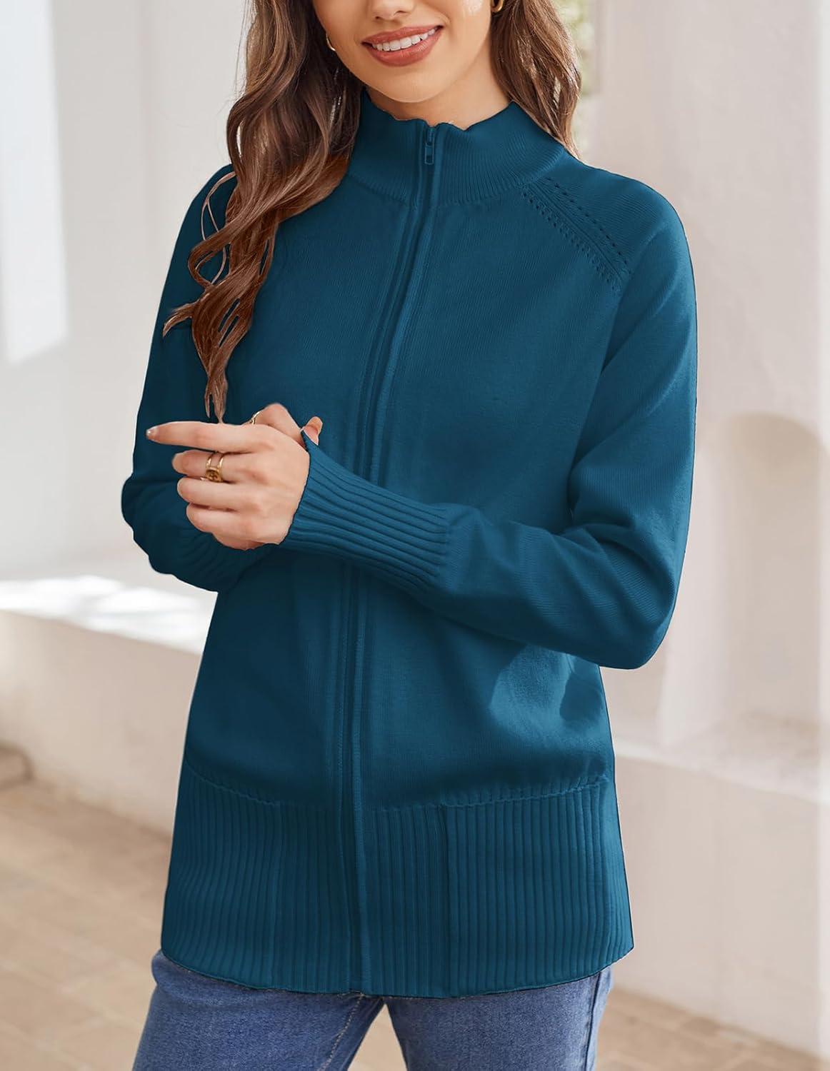 imageGRACE KARIN Womens Long Sleeve Zip Up Knit Cardigan with Pockets Stand Collar Full Zip Sweater Coats Trendy Fall JacketsLake Blue