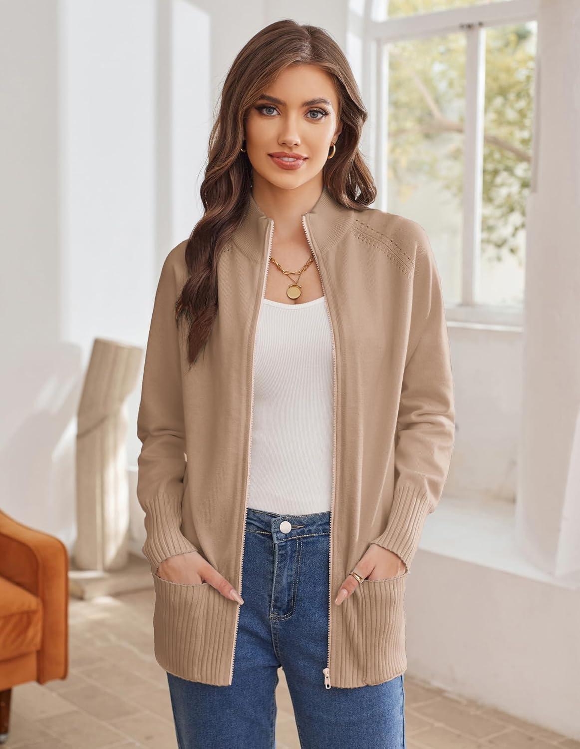 imageGRACE KARIN Womens Long Sleeve Zip Up Knit Cardigan with Pockets Stand Collar Full Zip Sweater Coats Trendy Fall JacketsLight Khaki