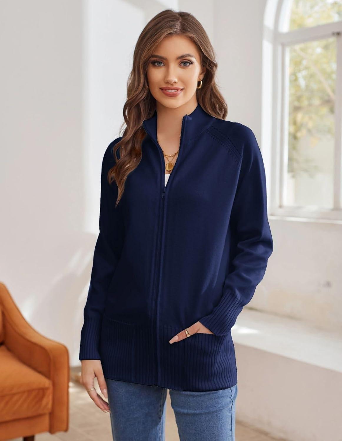 imageGRACE KARIN Womens Long Sleeve Zip Up Knit Cardigan with Pockets Stand Collar Full Zip Sweater Coats Trendy Fall JacketsNavy Blue