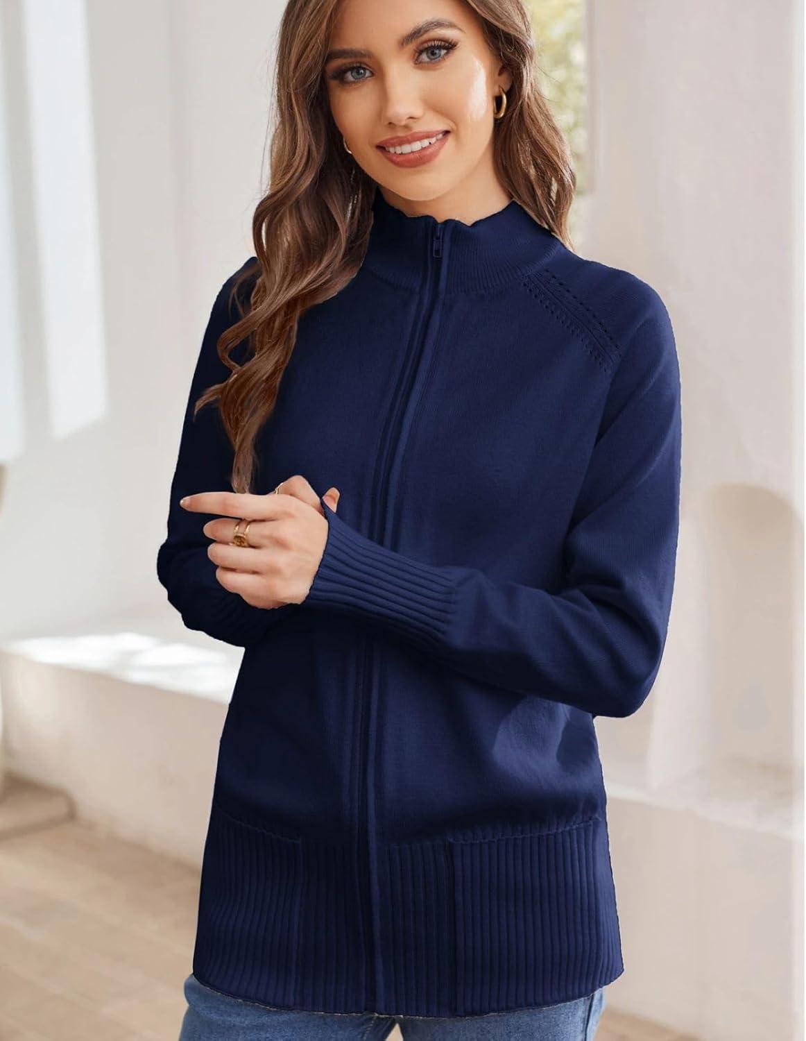imageGRACE KARIN Womens Long Sleeve Zip Up Knit Cardigan with Pockets Stand Collar Full Zip Sweater Coats Trendy Fall JacketsNavy Blue
