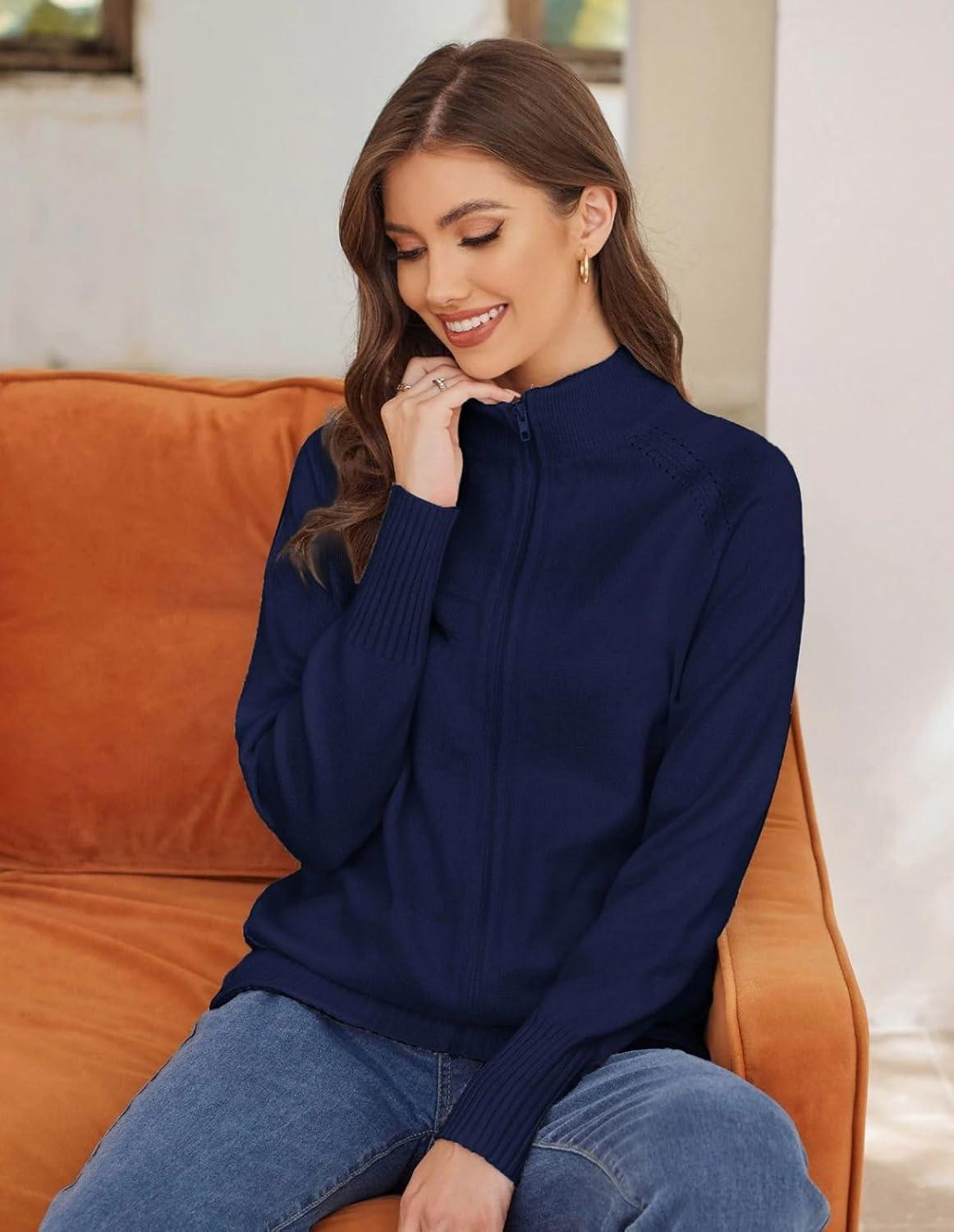 imageGRACE KARIN Womens Long Sleeve Zip Up Knit Cardigan with Pockets Stand Collar Full Zip Sweater Coats Trendy Fall JacketsNavy Blue