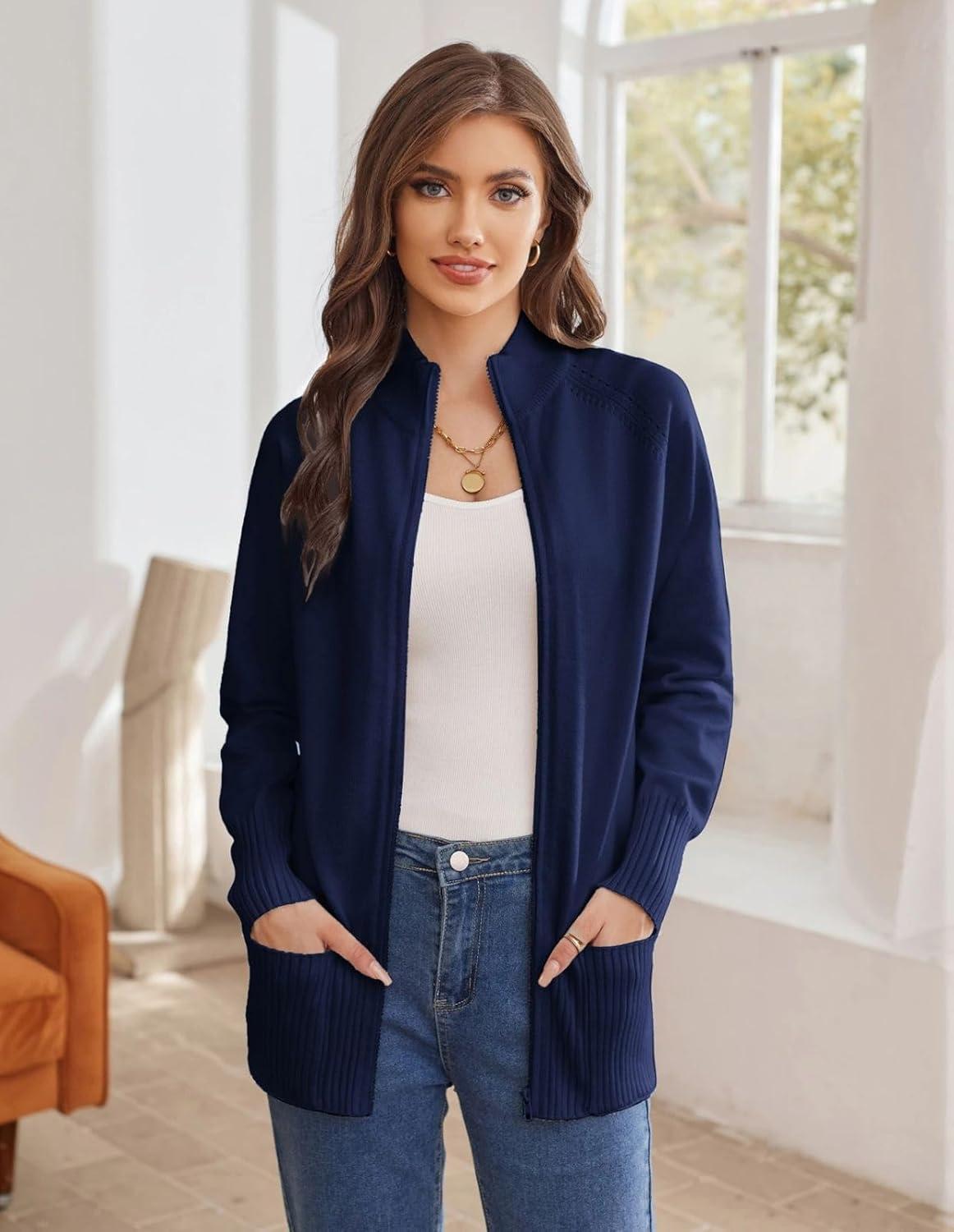 imageGRACE KARIN Womens Long Sleeve Zip Up Knit Cardigan with Pockets Stand Collar Full Zip Sweater Coats Trendy Fall JacketsNavy Blue