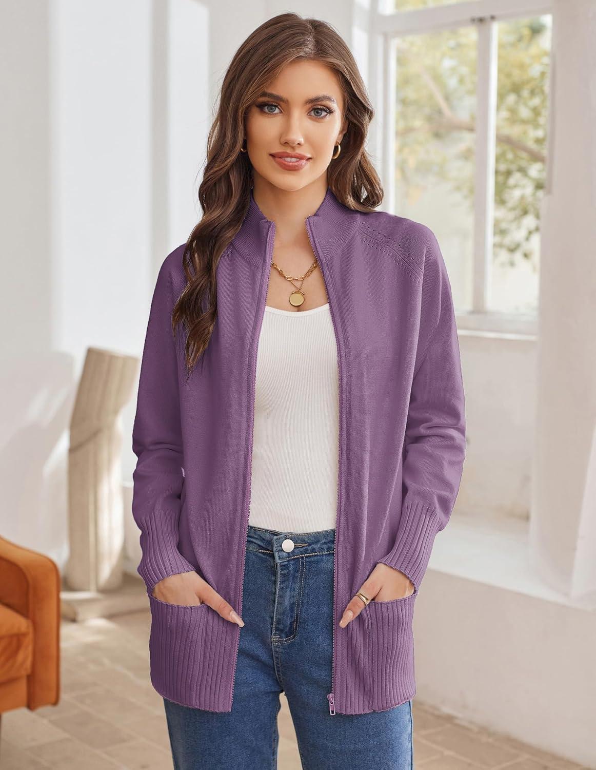 imageGRACE KARIN Womens Long Sleeve Zip Up Knit Cardigan with Pockets Stand Collar Full Zip Sweater Coats Trendy Fall JacketsPurple