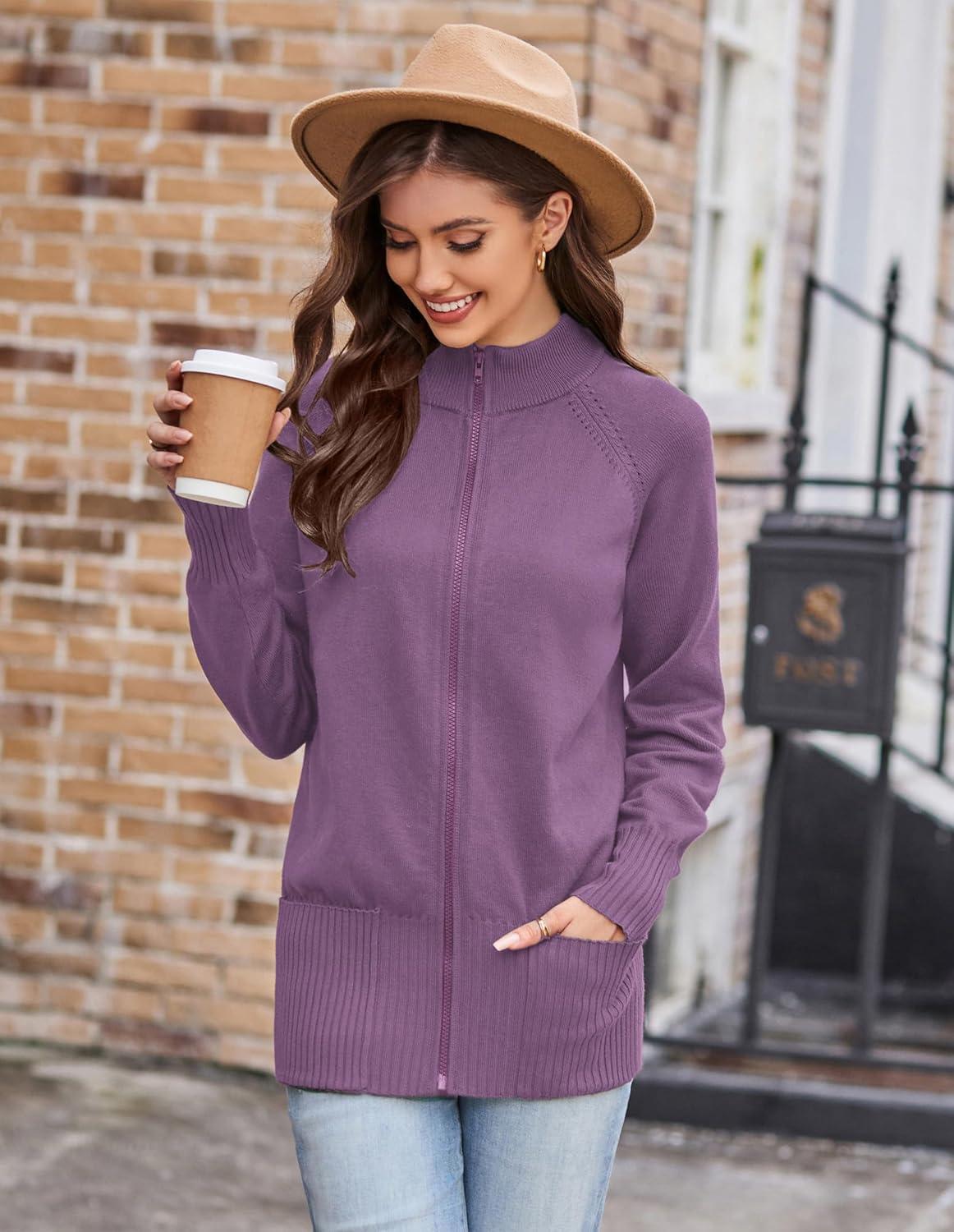 imageGRACE KARIN Womens Long Sleeve Zip Up Knit Cardigan with Pockets Stand Collar Full Zip Sweater Coats Trendy Fall JacketsPurple