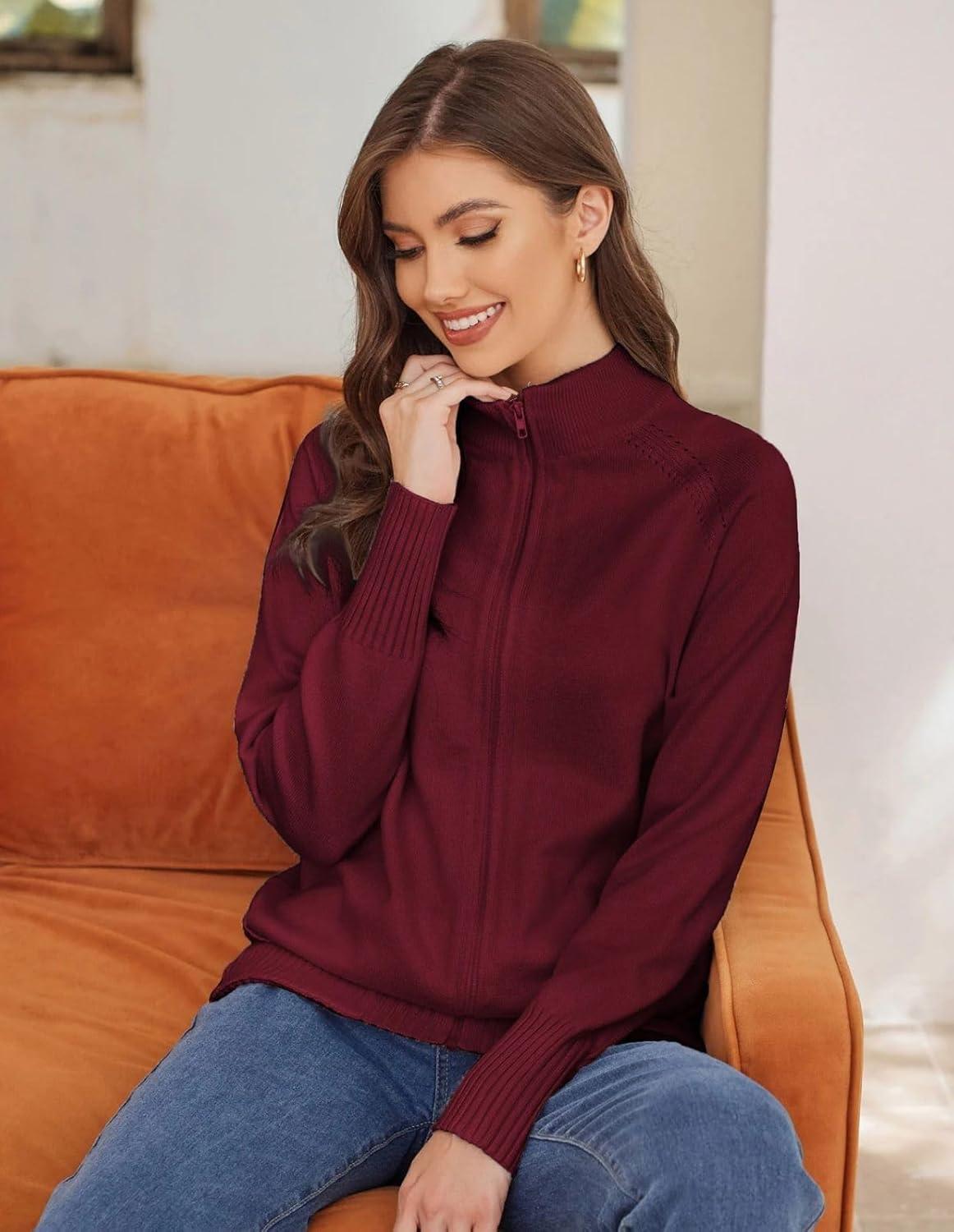 imageGRACE KARIN Womens Long Sleeve Zip Up Knit Cardigan with Pockets Stand Collar Full Zip Sweater Coats Trendy Fall JacketsWine Red