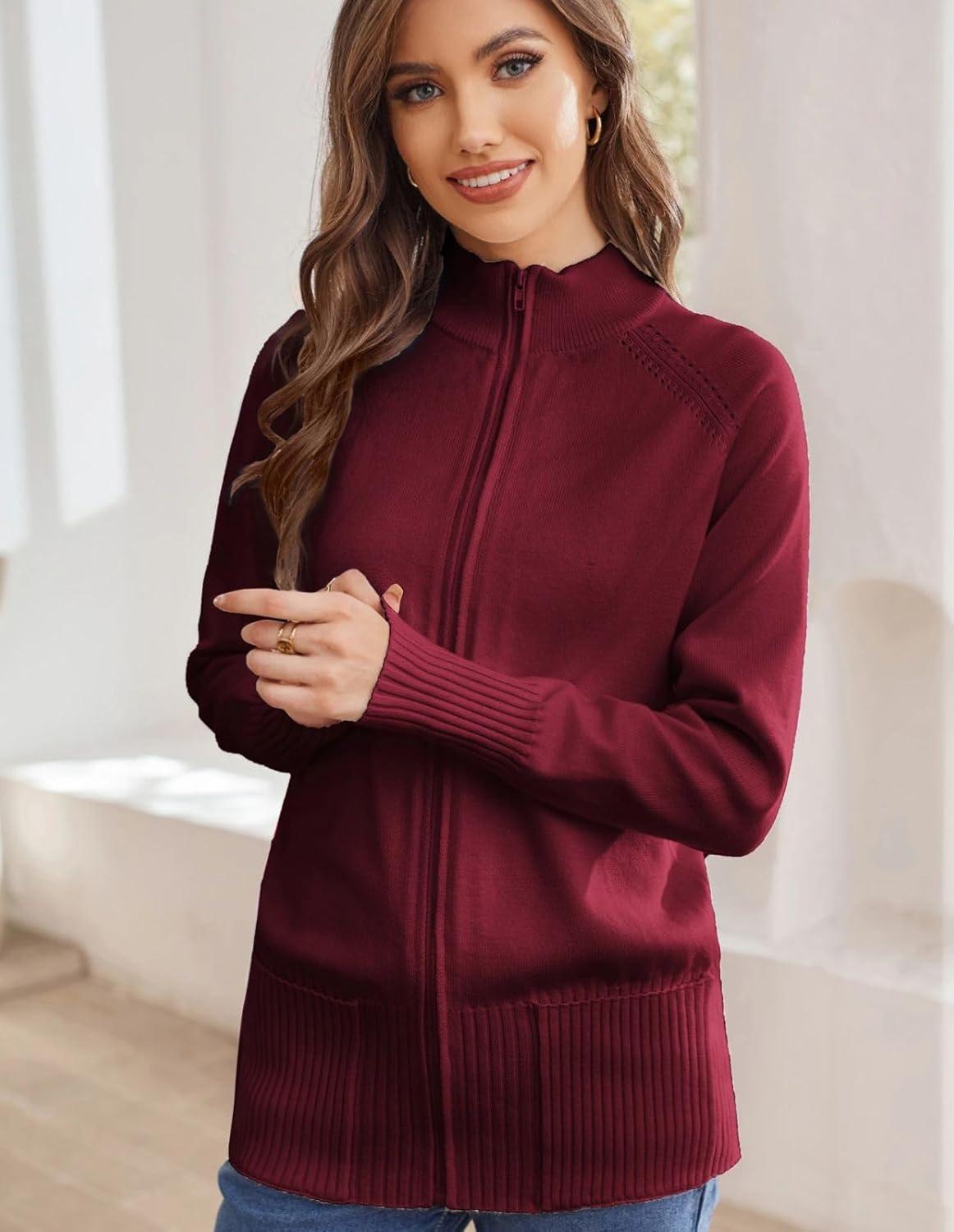 imageGRACE KARIN Womens Long Sleeve Zip Up Knit Cardigan with Pockets Stand Collar Full Zip Sweater Coats Trendy Fall JacketsWine Red