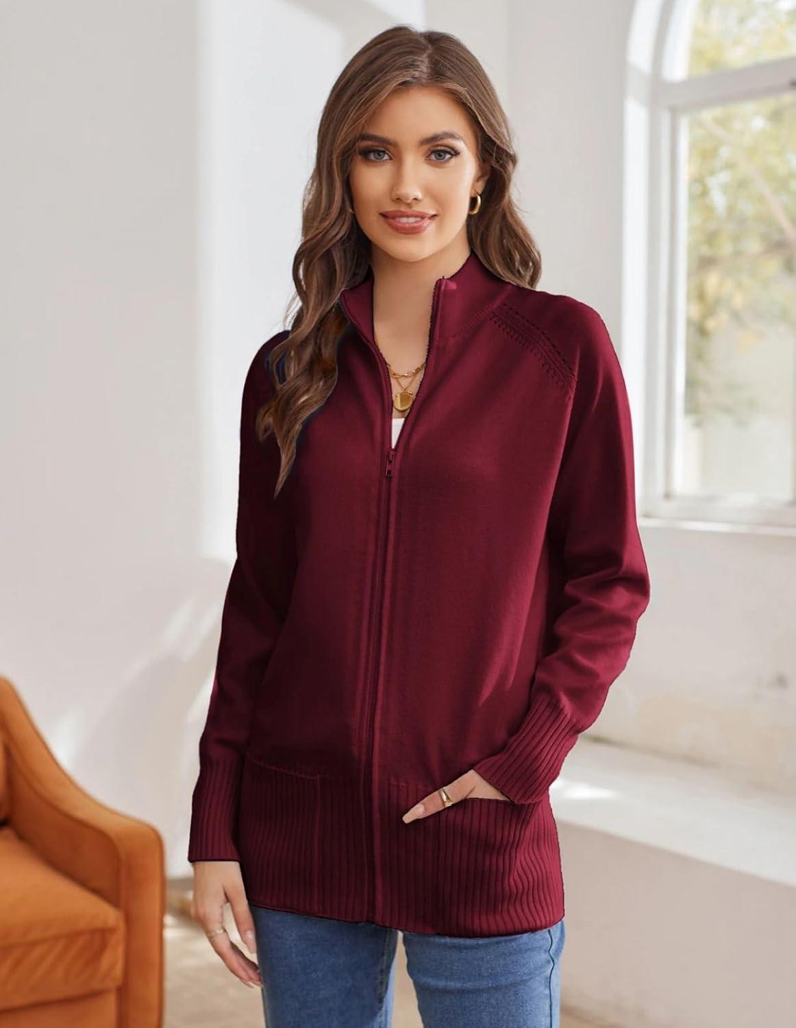 imageGRACE KARIN Womens Long Sleeve Zip Up Knit Cardigan with Pockets Stand Collar Full Zip Sweater Coats Trendy Fall JacketsWine Red