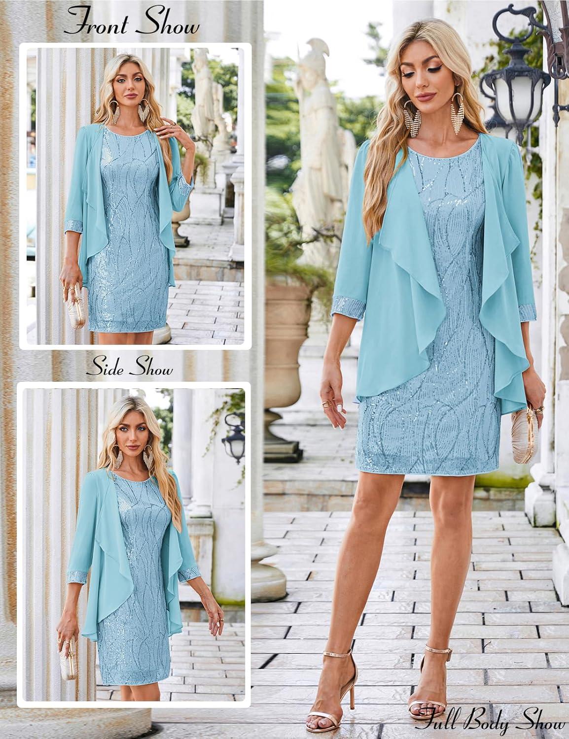 imageGRACE KARIN Womens Sequin Dress Wedding Guest amp Mother of The Bride Formal Dress Two Piece Knee LengthAqua Blue